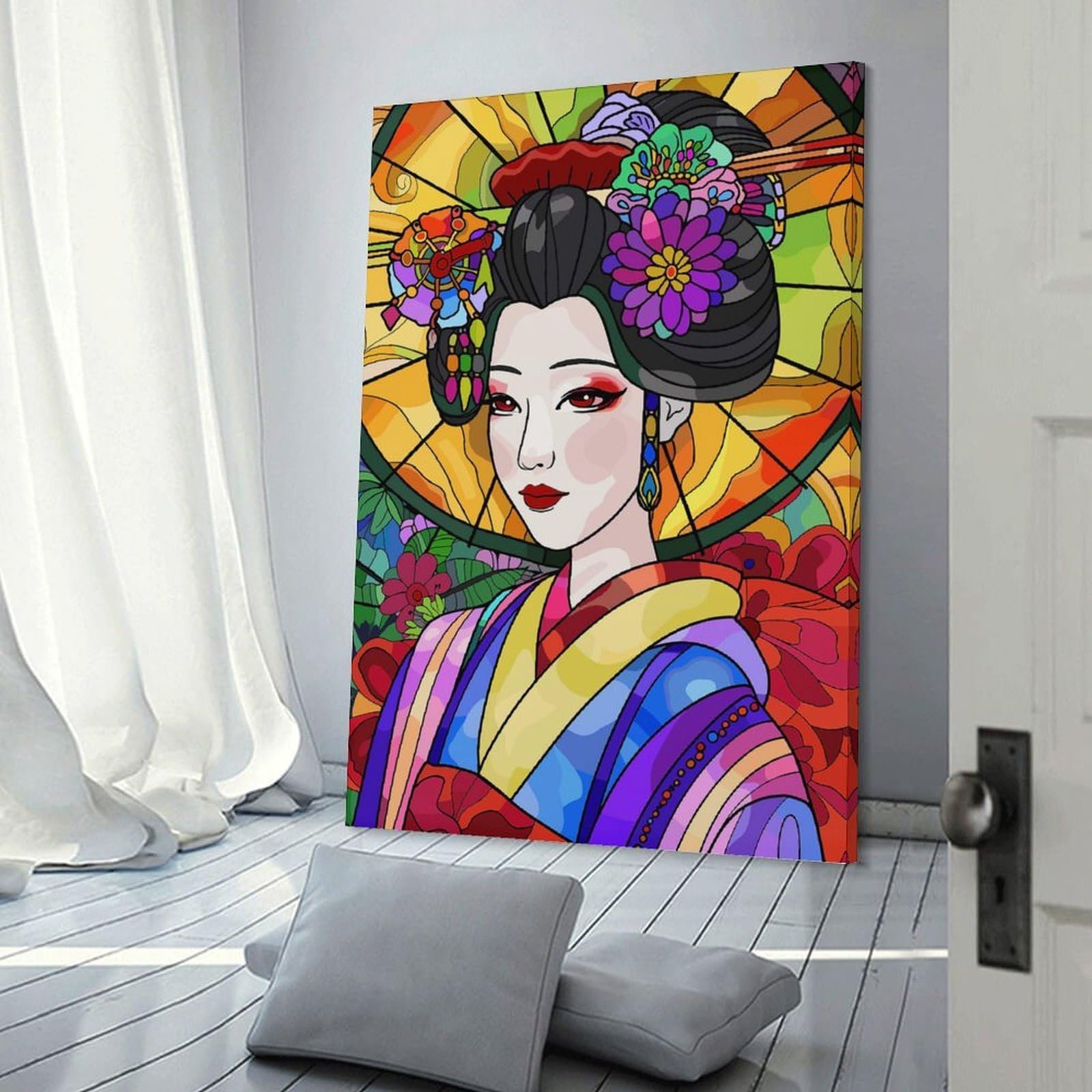 Junmoney Frame-Style-15-1 Geisha In Stained Glass Style Decorative Wall Artwork 24X36inch(60X90cm), For New Homes, Bedrooms Or Workspaces, A Wall Art Gift For Fresh Interiors