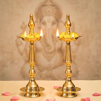 LoveNspire Brass Oil Lamp Diya Pack of 2 Samai Deepak Lamp Kerala Traditional Kutthu Vilakku Panchmahal Deepam for Home Temple Mandir Office Diwali Decoration - Deepawali Return Gift