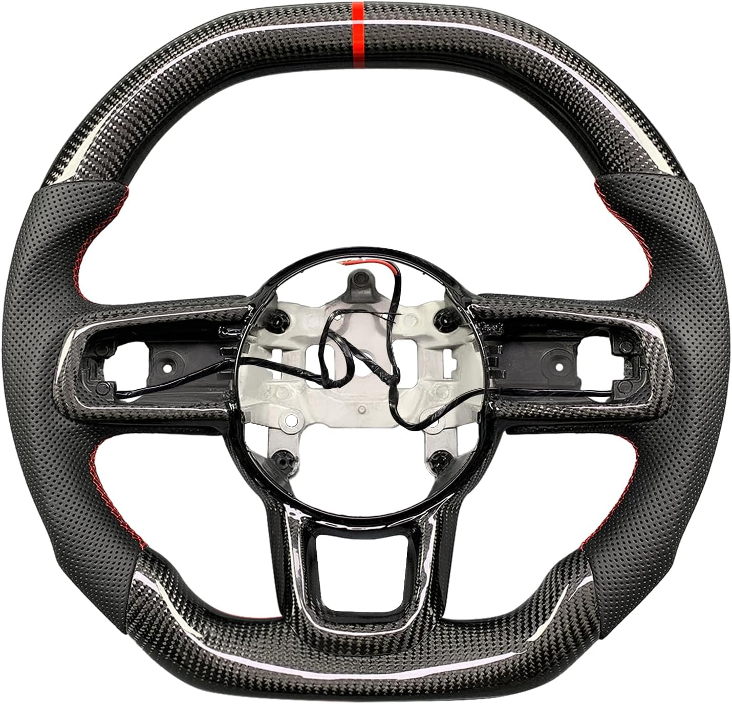 Carbon Fiber Steering Wheel for Jeep Wrangler 2018-2024 JL/JLU/JT Nappa Perforated Leather Grip Hand-Stitched with Hand Stitching D-shaped Steering Wheel (Red return marker with heat)