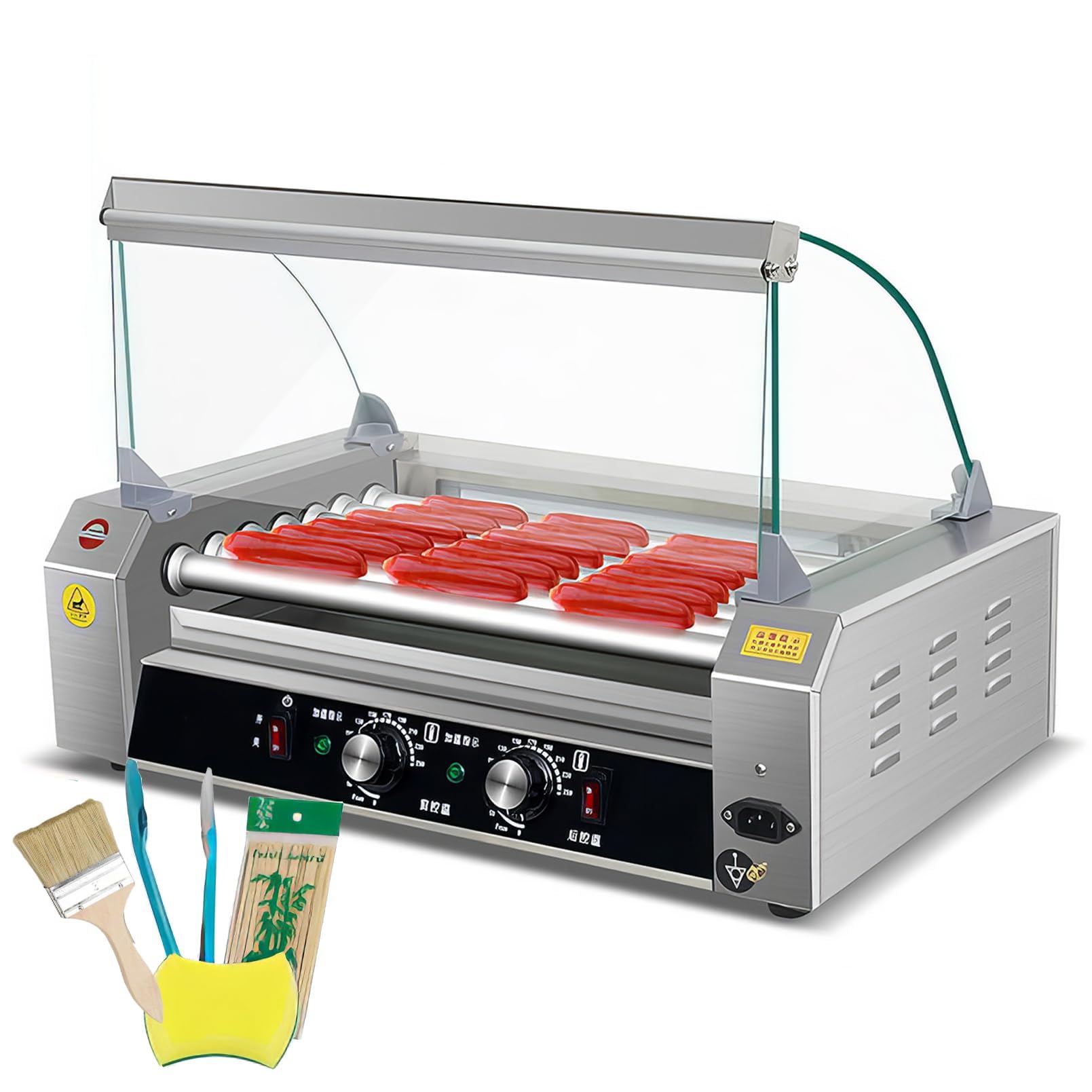 Rouleau Hot Dog 1100 W avec capacité de 33 hot-dogs, 11 rouleaux pour une cuisson uniforme, construction en acier inoxydable 304, lumière LED, double contrôle de la température pour un usage
