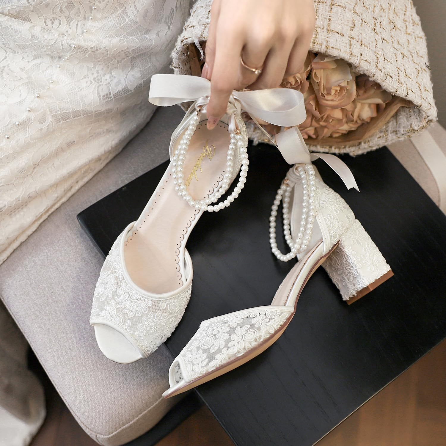 10520 Women’s Peep Toe Wedding Shoes 2.56 Inch Block Heel Lace Pearl Ankle Strap Bridal Heels - Image 6