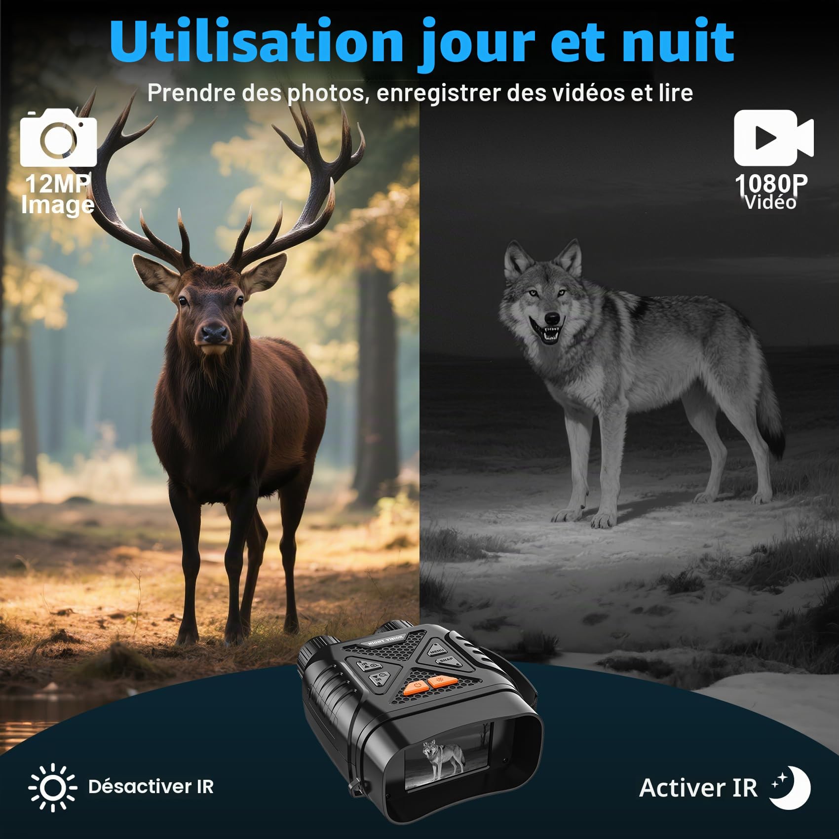 Jumelles Vision Nocturne, 10X Zoom Numérique Infrarouge Vision Nocturne, écran IPS HD de 2.8'', 7 Niveaux IR, Portée Visuelle 800 M, Carte TF 32 Go, Le Camping et l'observation de la Faune sauvag