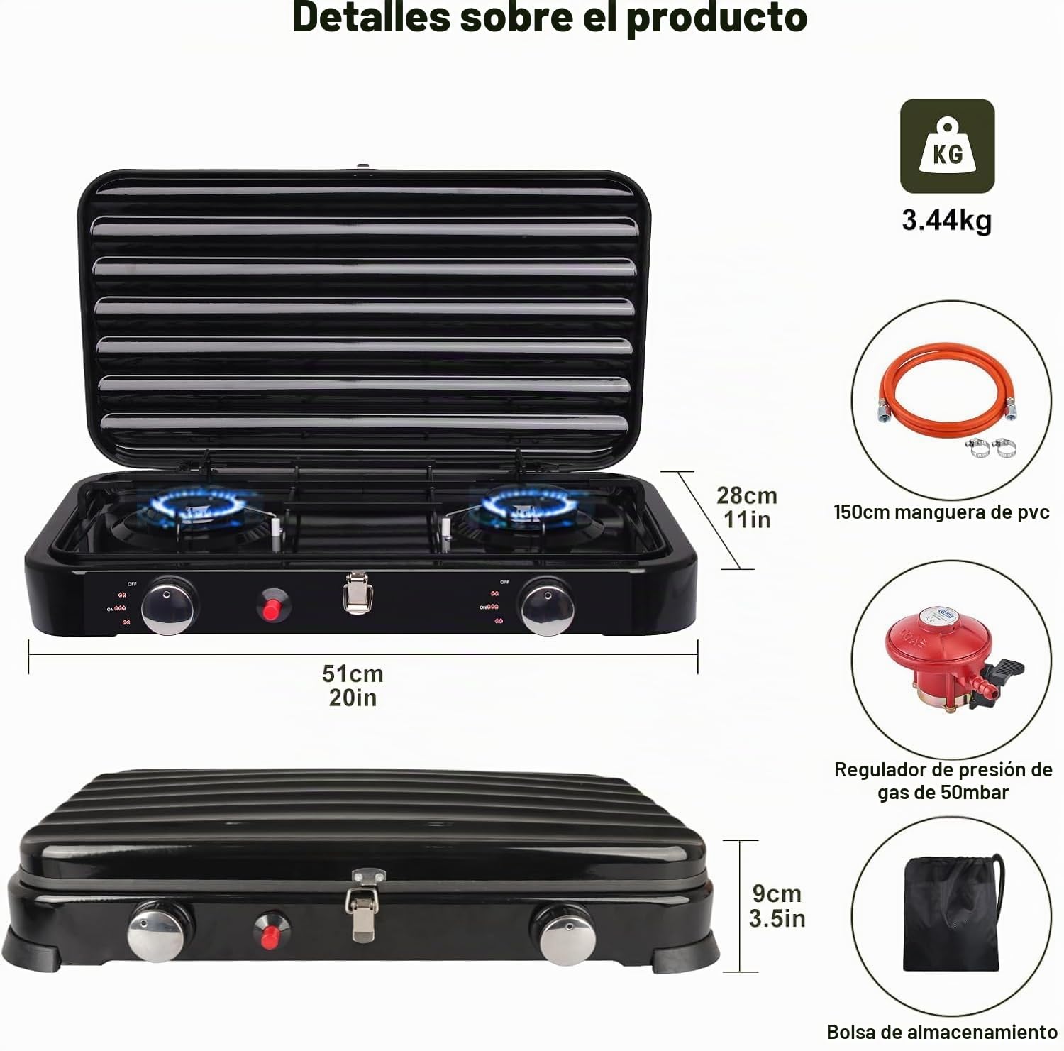 Cocina Gas Portátil 2 Fuegos 4,4 kW, Hornillo Camping Gas Butano con Encendido Piezoeléctrico, Manguera 150 cm y Regulador 37 mbar, Tapa Extraíble para Camping y Barbacoa, Negro