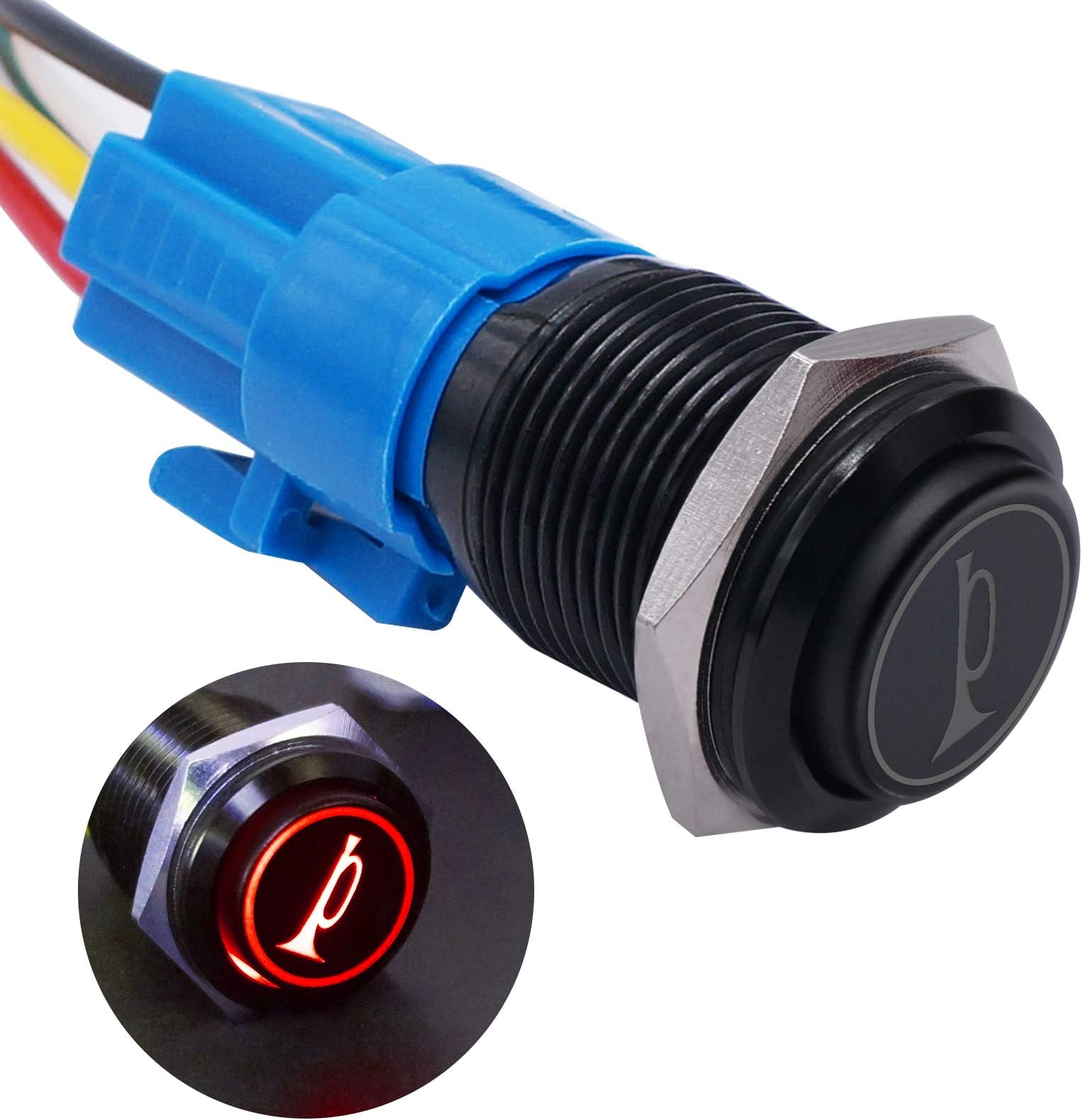 TWTADE/19MM 12V Car Horn Button Speaker Red LED Lighted Momentary Metal 3/4" Air Horn Toggle Switch with Wires BK-GLB19-R