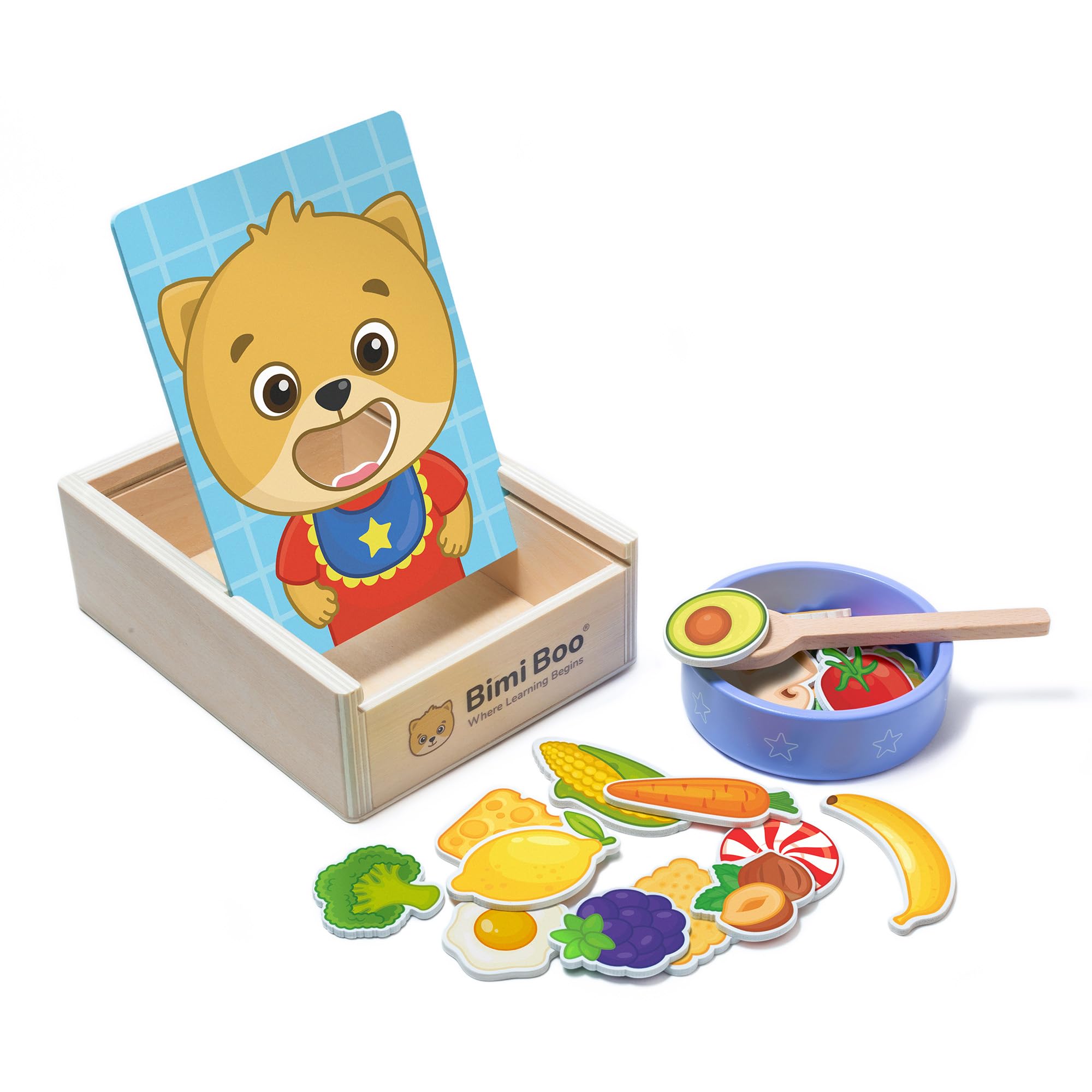 Bimi Boo Wooden Feeding Toy - Montessori Pretend Play Food Set for Toddlers 1-4+ - Fine Motor Skills Scooping Toy for Kids (27 Various Foods, a Spoon,