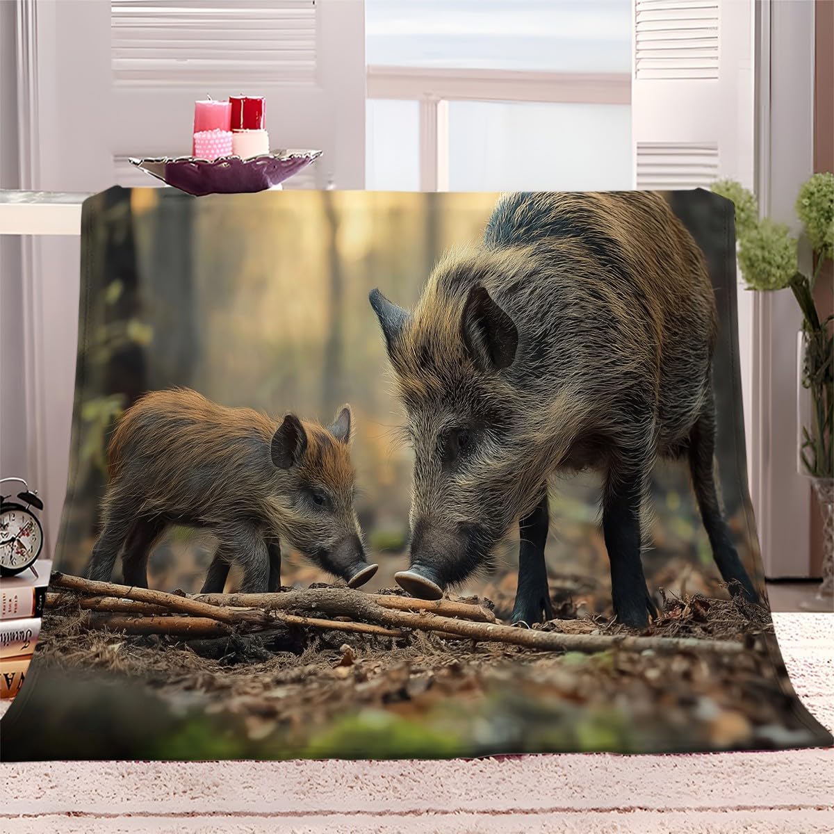 Forêt Faune Sanglier Plaid Polaire, Couverture et Plaid Canapé Grande Taille en Flanelle Douce et Chaude Brun Confortable pour Enfants et Adultes, Chambre et Lit 150x200 cm