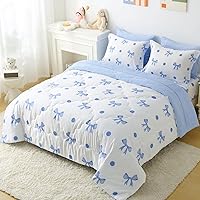 Vista 5 de Wajade Juego de edredón de 7 piezas con lazo azul para niñas, juego de ropa de cama tamaño individual con sábana y 2 fundas de almohada, 2 fundas