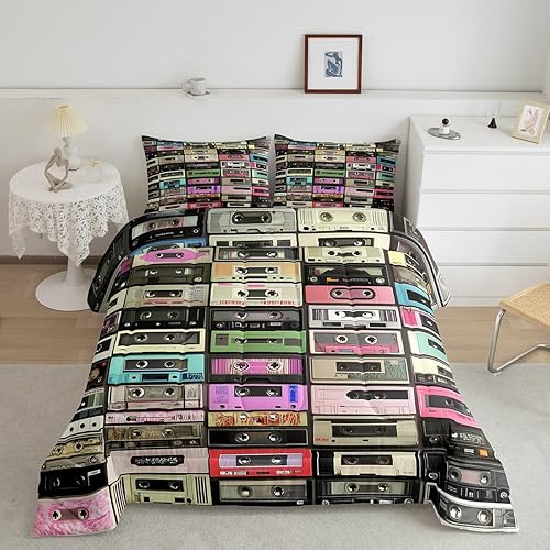 Retro Music Tape Bedding Set Twin Size Vintage Radios Comforter Set for Girls Boys Room Decor 80s Audio Cassette Down Comforter Hip Hop Quilt Set