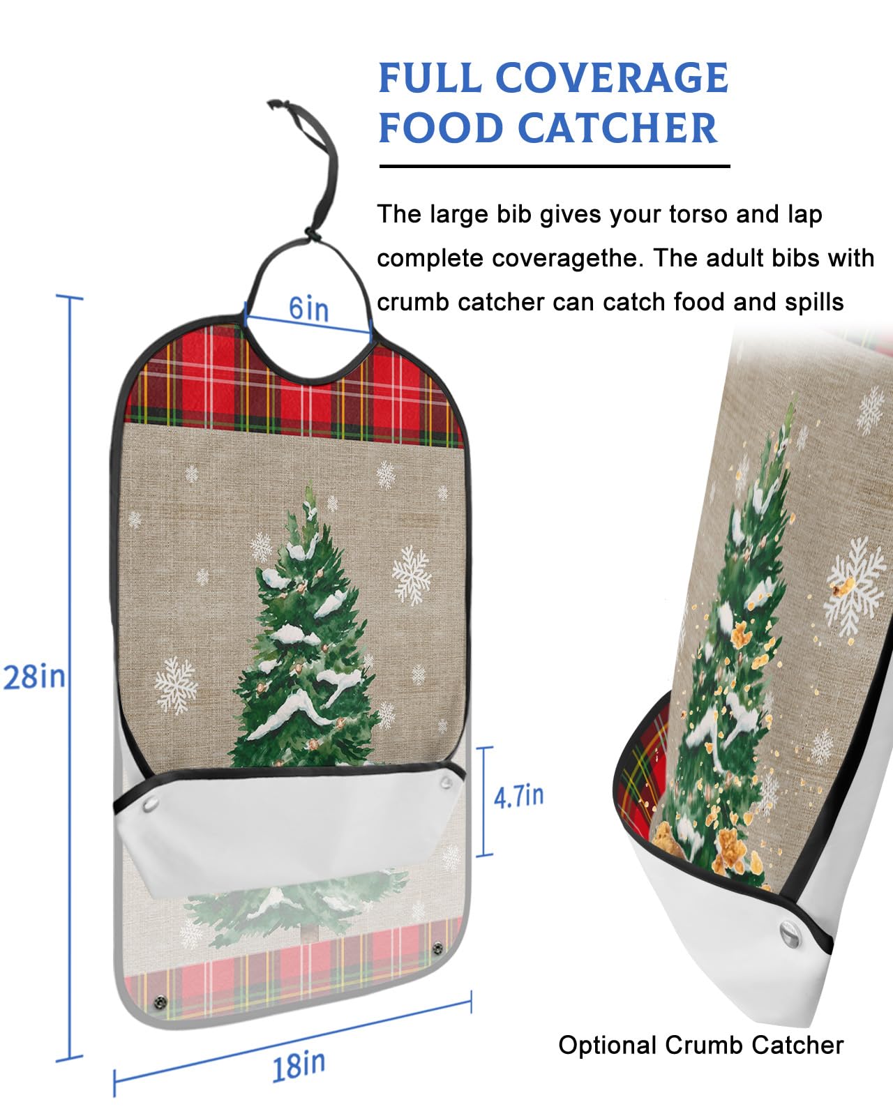 Christmas Tree Adult Bibs for Eating, Waterproof Bibs with Food Catcher & Adjustable Snap Closure, Winter Snowflake Farm Red Plaid Washable Clothing Protectors Adult Bibs for Elderly Women/Men