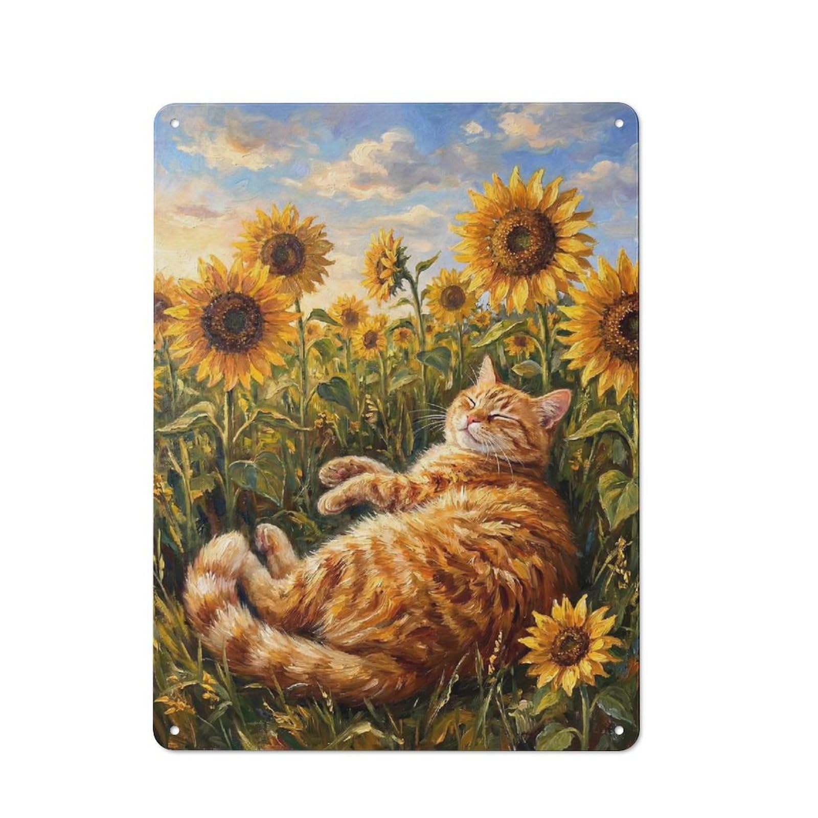 Junmoney Style-2 Rustic Metal Sign 40X30cm Featuring Ginger Cat Sleeping In Sunflower Field For Hallway Wall, A Decorative Gift For A Newly Furnished Hallway