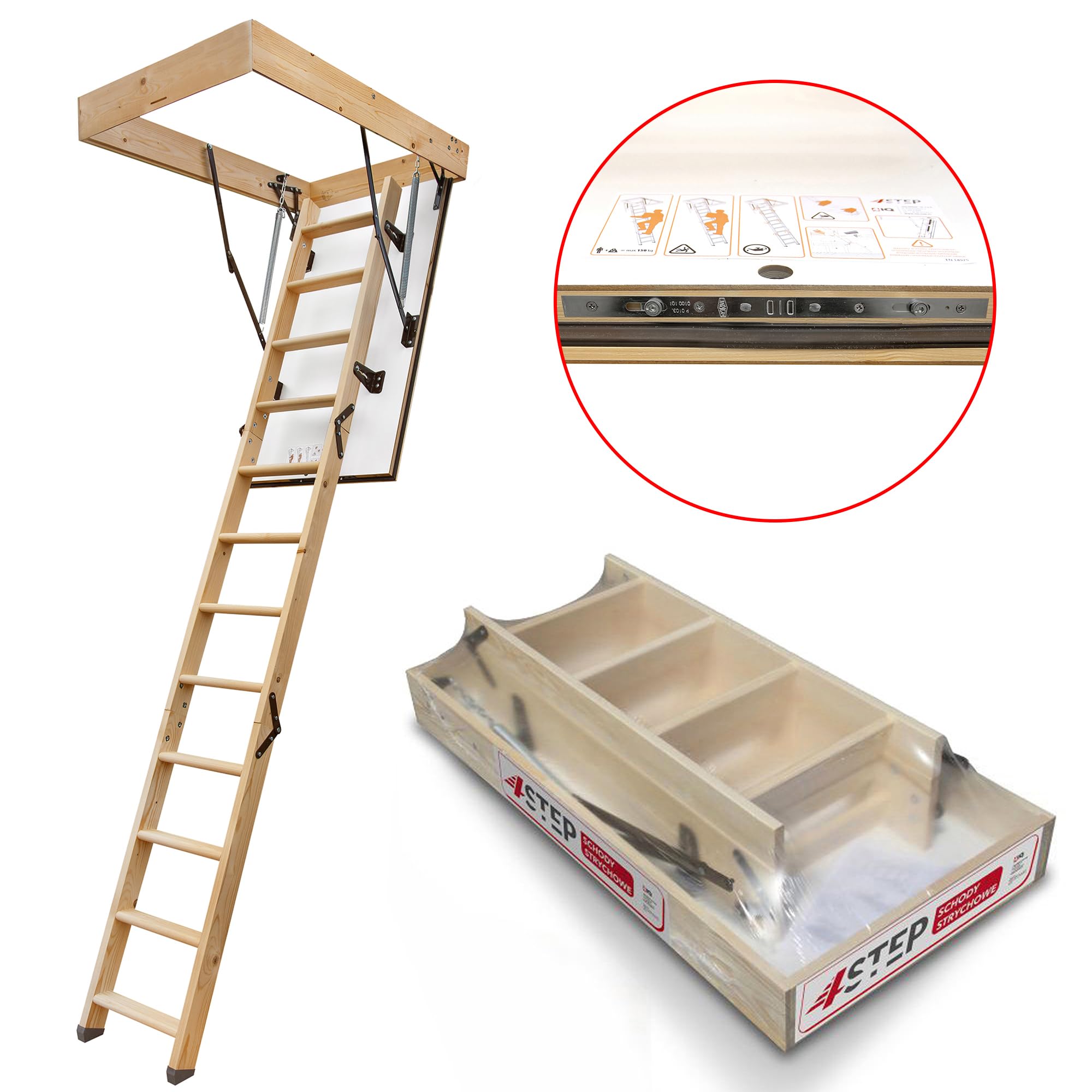 Bodentreppe Gedämmt 110 x 60 cm - Dachbodentreppe aus Fichtenholz U-Wert 1,05 - Raumspartreppe Innen mit Beidseitig Weißer Klappe - Bodenluke mit Treppe bis zu 150 kg Traglast