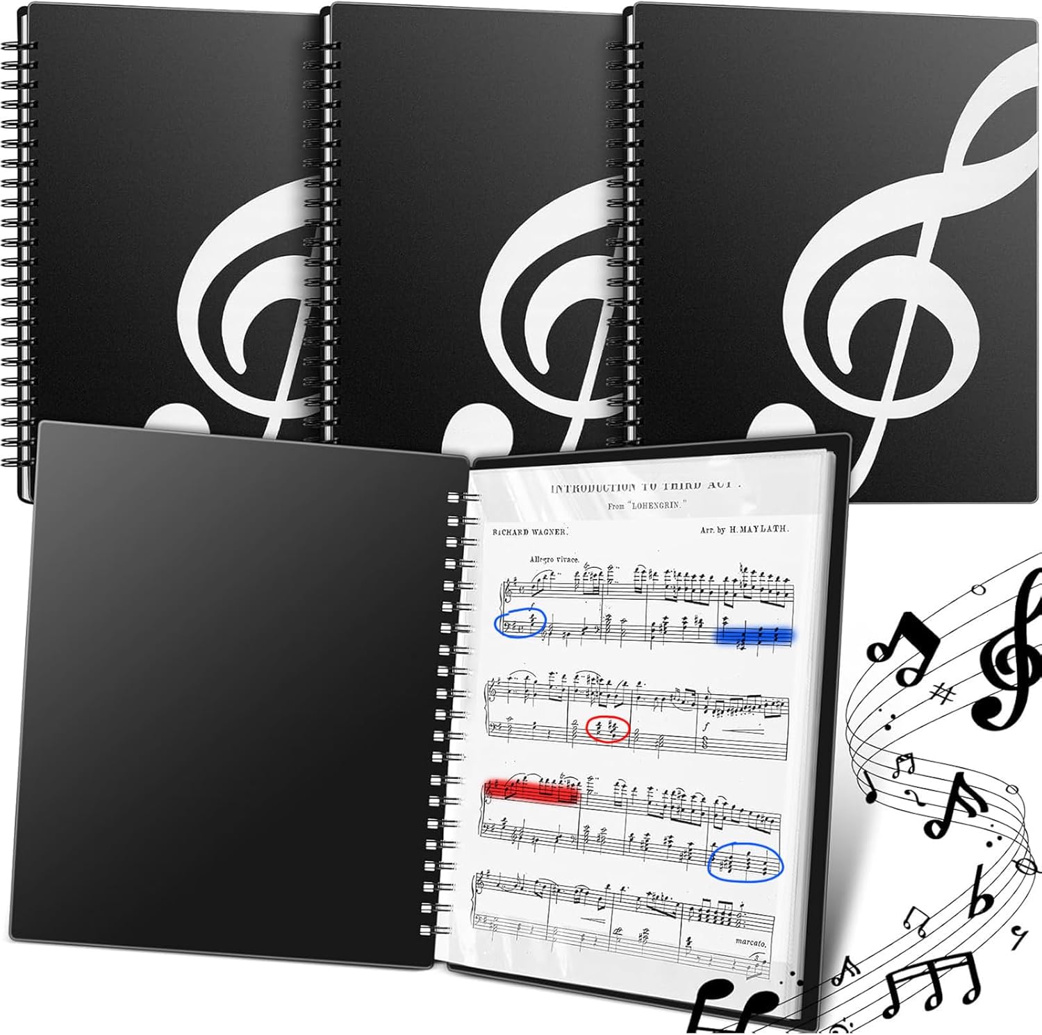 Fuyoooo 3 Pack Sheet Music Folder Binder with 40 Sleeves Hold 80 Pages, Lay Flat 180° Design, Letter Size 8.5x11 Allow Annotations for Piano, Choir, Music Stand & Performers