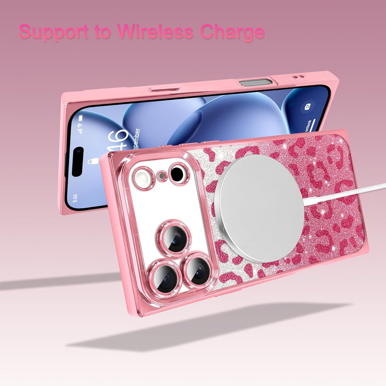 AIGOMARA Phone Case for iPhone 17 Pro Max 6.9 Inch [Compatible with MagSafe] Pink Leopard Print Design Glitter Bling Case Shockproof Scratch-Resistant Soft TPU Phone Cover for Women - Pink