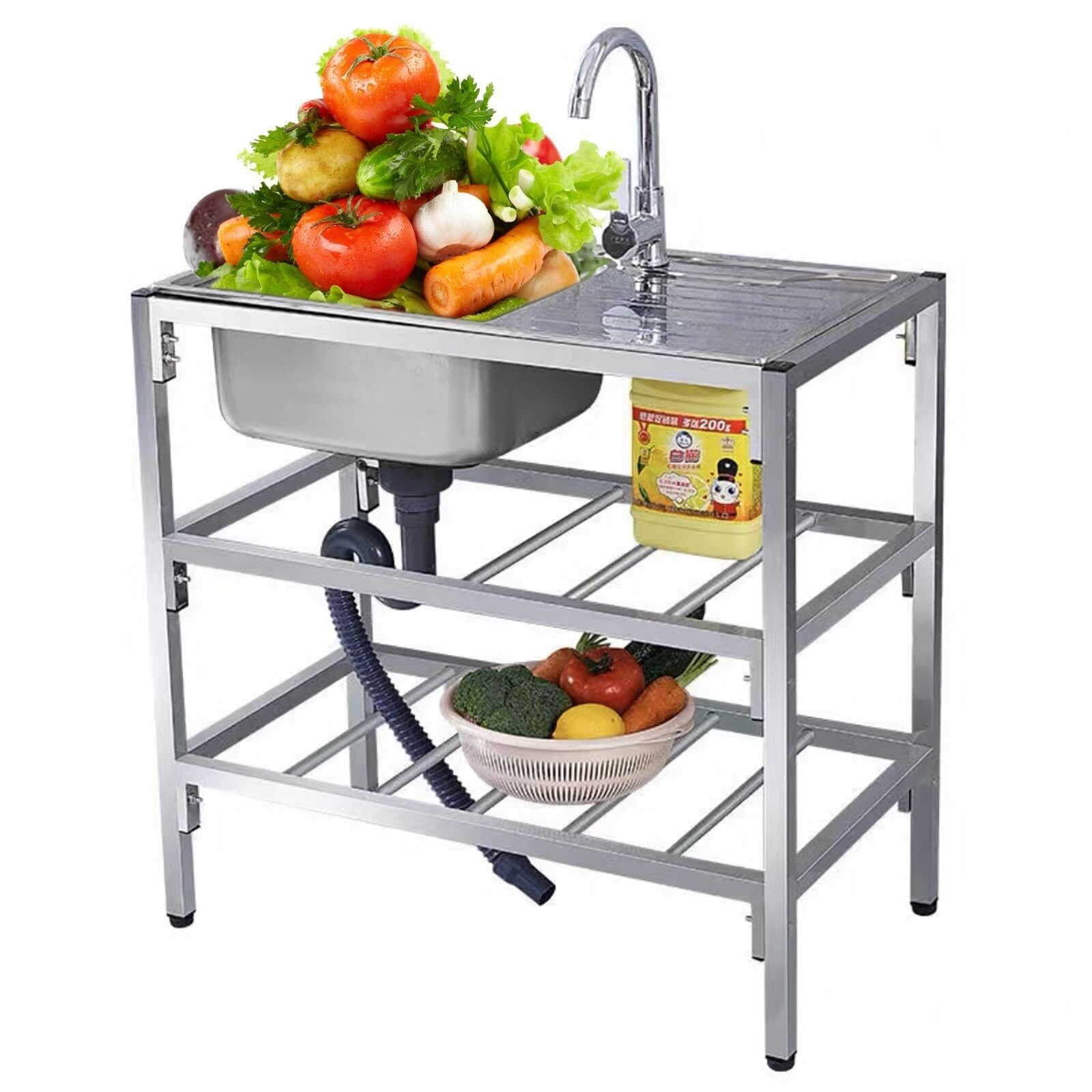 SDdPulse Stainless Steel Commercial Utility Sink with Tap and Double Storage Shelves for Kitchen, Laundry Room and Garage, Single Cold, 78 x 43 x 77cm