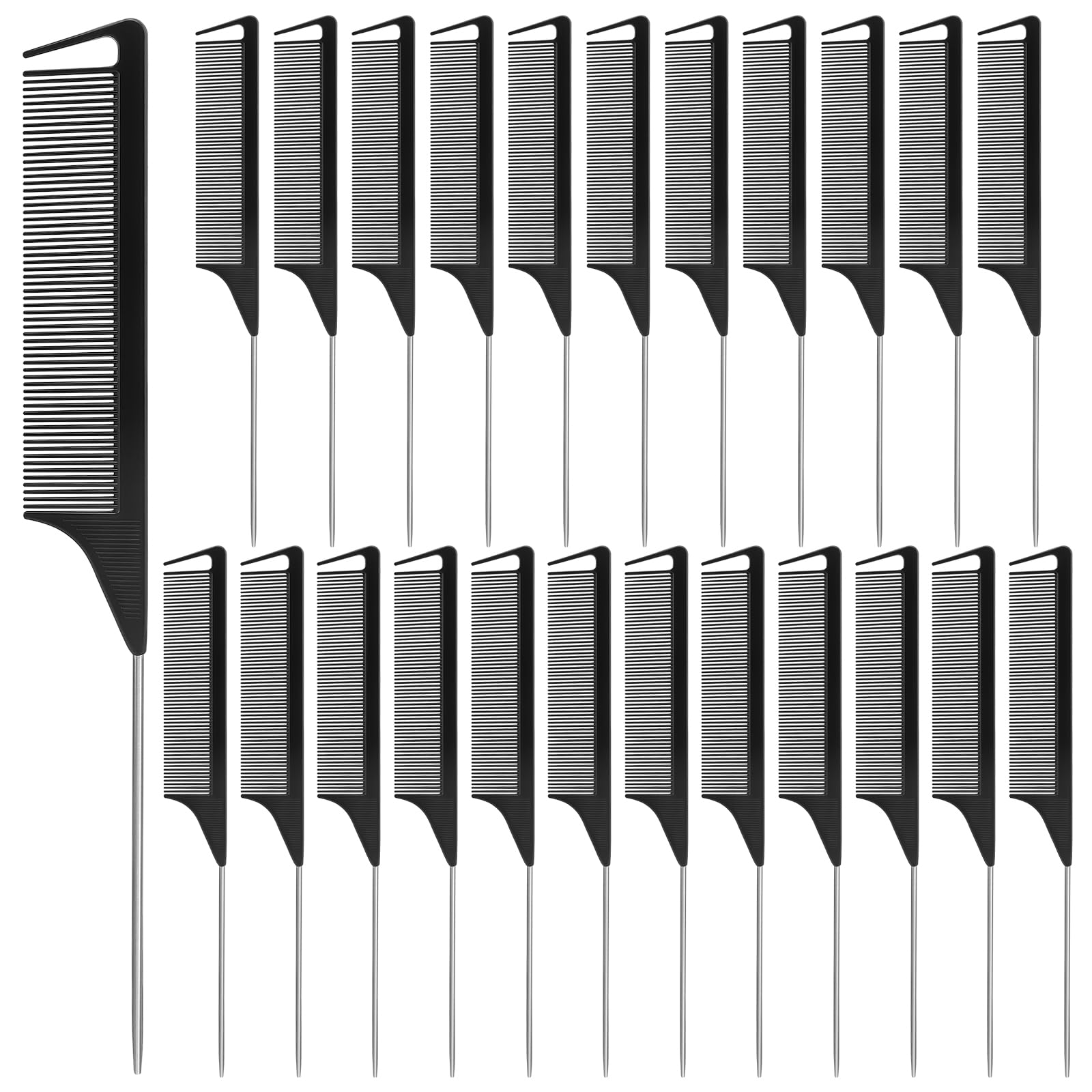 NICEMOVIC Rat Tail Parting RatTail Braiding Comb for Women 24 Pack, Hair Parting Tools Rat Tooth Combs Bulk, Individually Wrapped Braider Essentials Barber Supplies for Hair Stylist (Black)