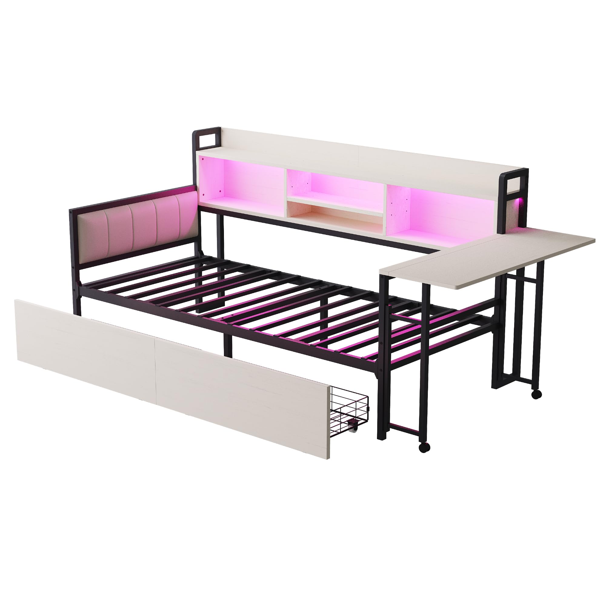 Lcoho Divano letto in ferro 90 x 200 cm, con illuminazione a LED e spazio di archiviazione, con cassetti e presa multifunzionale, scrivania pieghevole, schienale morbido, letto singolo (bianco)