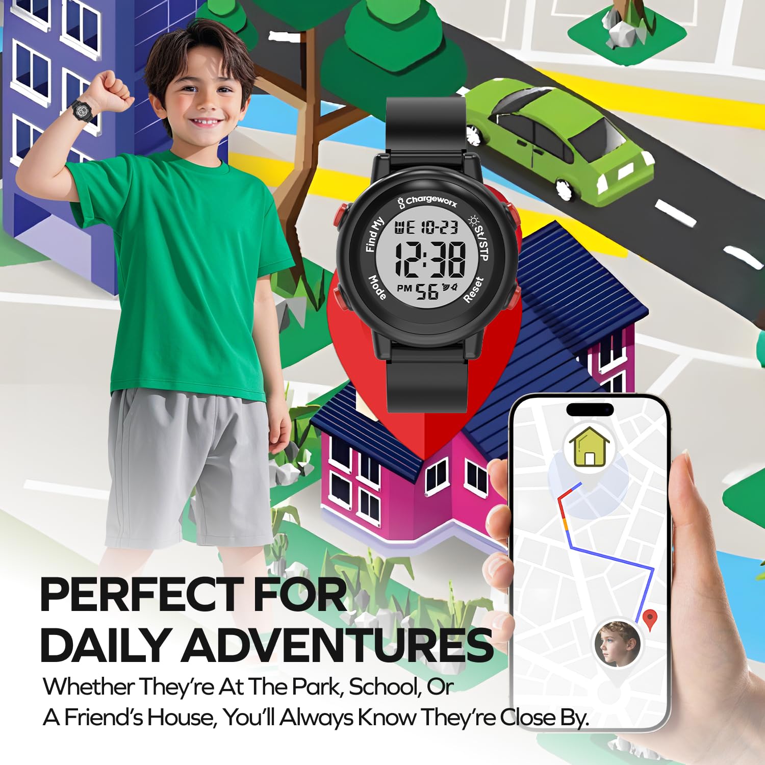 Chargeworx Orologio digitale per bambini con Apple Find My Tracker, alternativa allo smart watch per ragazzi e ragazze, orologio sportivo impermeabile con sveglia, cronometro e cinturino in morbido