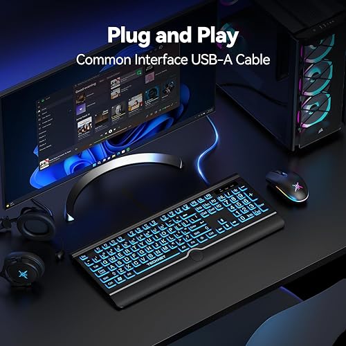 Miniatura 6 de TECKNET Teclado retroiluminado de impresión grande, teclado de computadora USB-A con cable con reposamuñecas, retroiluminación de 7 colores, teclas