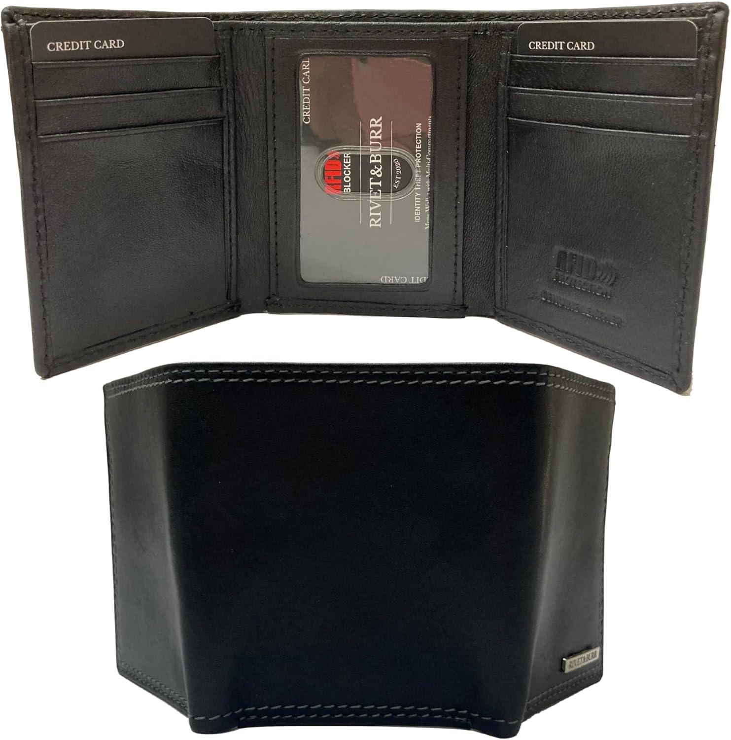 RIVET & BURR Genuine Leather Trifold Wallet for Men with RFID Blocking – Slim Vintage Wallet Gift Set with Box, Keychain & Vanity Tray – Double-Stitched Durable Design (Black) - Image 5