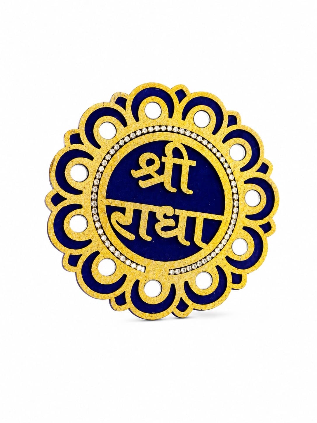Shri Radha Naam Round Wall Plaque, Blue and Gold, Wooden Spiritual Home Décor for Pooja Room-image-30