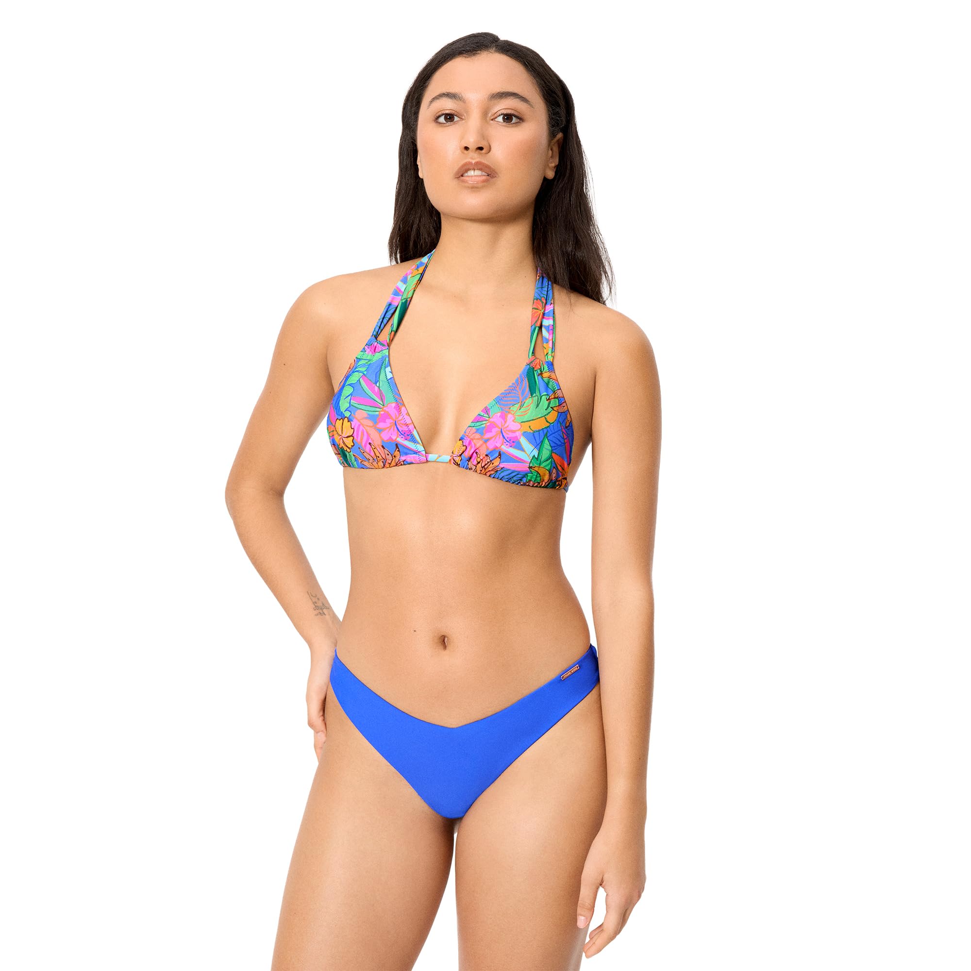YSABEL MORA. Top Bikini Triángulo Estampado Tropical Copa B. Sin Aro con Relleno Extraíble Anudado Al Cuello Y A La Espalda Adaptable A Distintas Tallas Y Copas .Colección Palms.