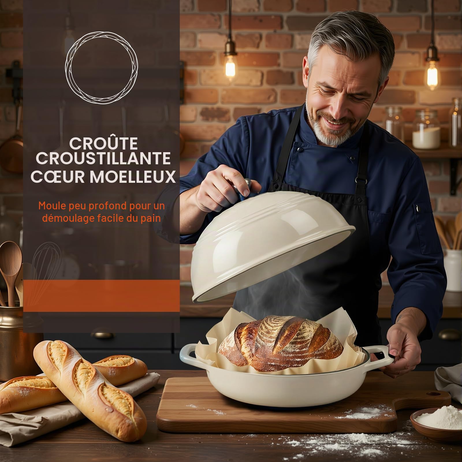 OVERMONT Cocotte à Pain en Fonte Émaillée 5,7 L, Tous Feux, Blanc | Pour pain au levain à croûte croustillante : base peu profonde, couvercle bombé, induction, four 260 °C et recettes.