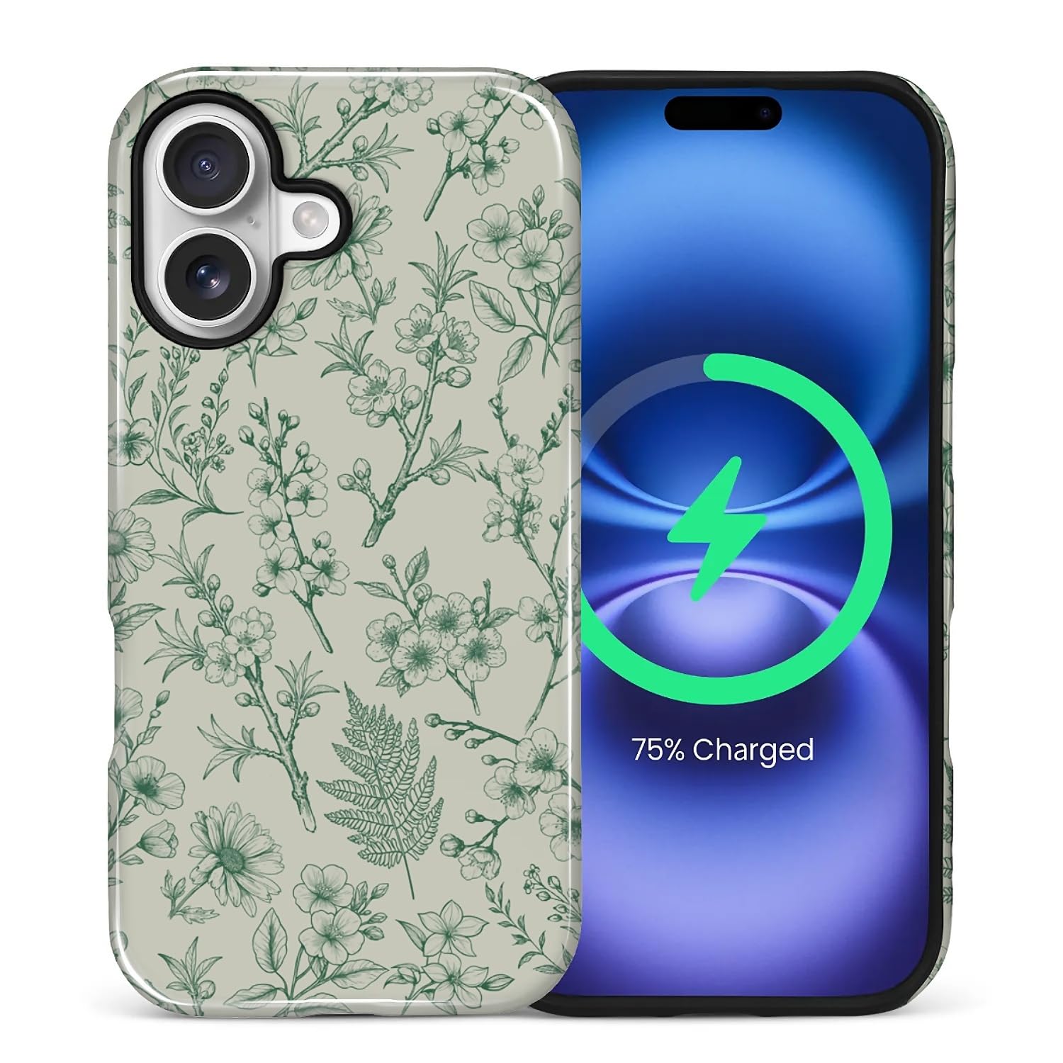 for iPhone 17 Case,Compatible with MagSafe,Dual-Layer Hard Shell + Silicone Cover,Full Body Protection Shockproof Case for iPhone 17-Green Wildflower Floral Hand Drawn