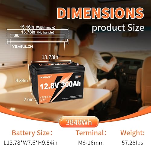 Miniatura 4 de Batería LiFePO4 de 12 V 300 Ah 3840 Wh de litio de alta energía con batería de ciclo profundo BMS 15000+ de 200 A, vida útil de 10 años para RV,