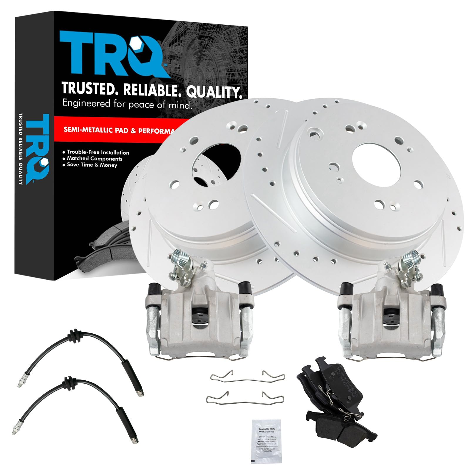 TRQ Performance Rear Brake Pad and Rotor Set Semi Metallic Slotted Drilled G Coated Rotors Calipers Hoses Compatible with 2006-2008 Mazda 3 S 2007-2008 Mazda 3 MazdaSpeed