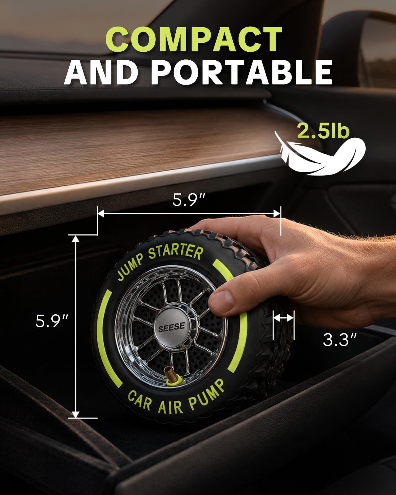 SEESE Gonfiatore elettrico portatile per pneumatici: 6000 mAh, 120 psi con luce LED, avviatore di emergenza CC 12 V, ideale per gonfiare rapidamente moto/biciclette/palloni, viaggi su strada