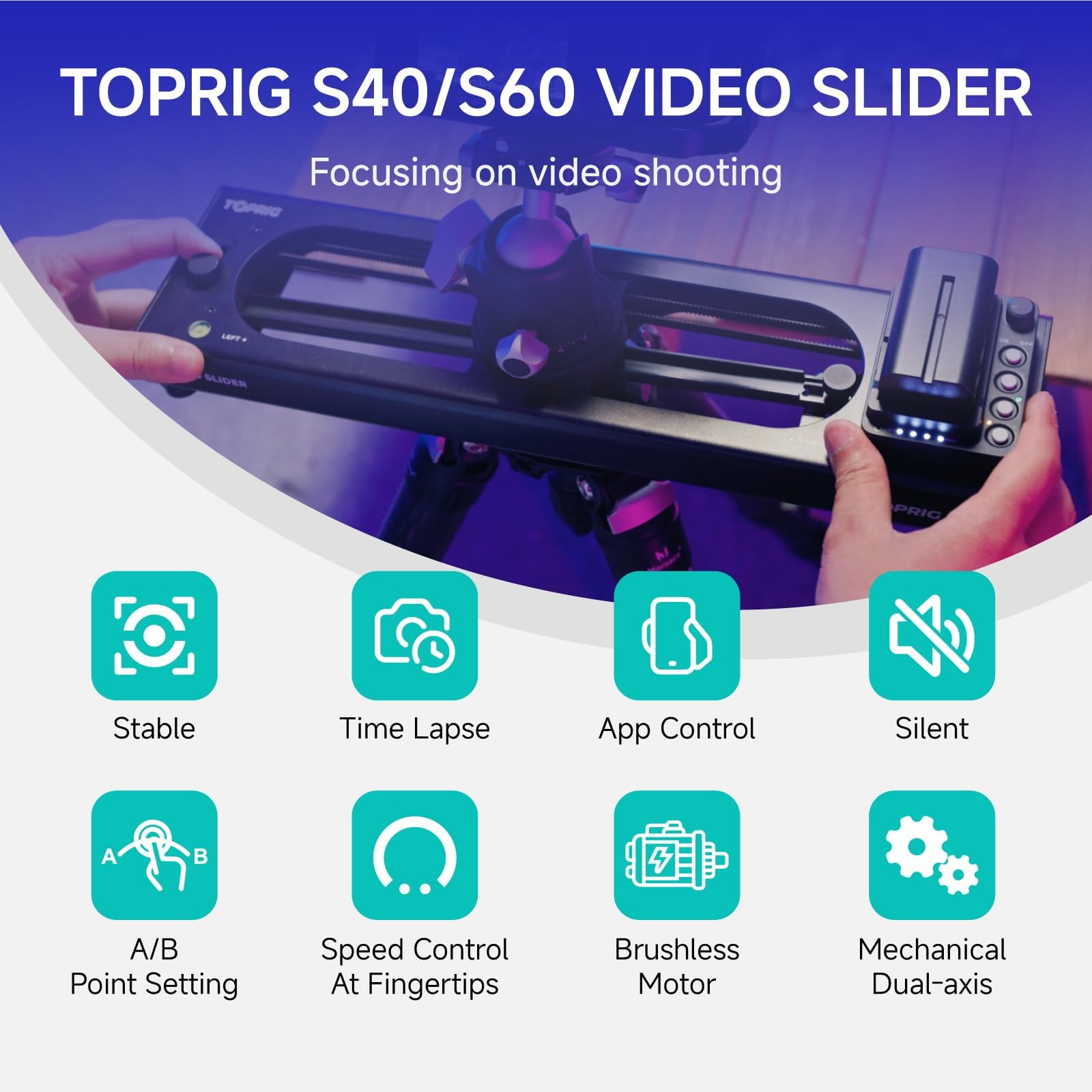 Accsoon Toprig 23.6"/60cm Curseur de caméra motorisé, Prise de Vue panoramique à 120° Rail de Glissière en Alliage d'Aluminium, par Bouton ou APP Contrôle Bluetooth, pour Appareil Photo, DSLR, etc.
