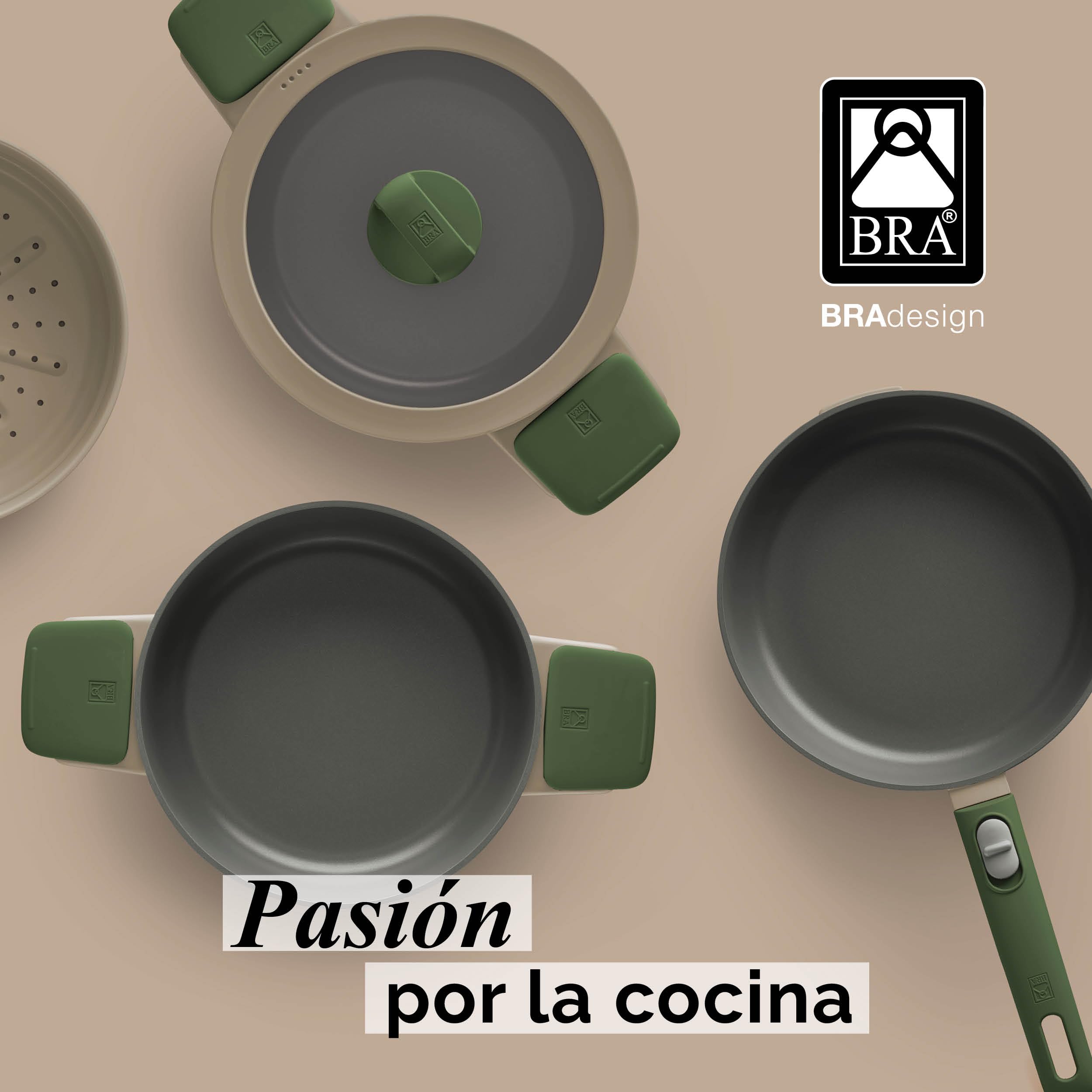 BRA Compac Pro Ceramic | Batería de cocina apilable de 5 piezas, aluminio fundido con antiadherente cerámico, compatible con todo tipo de cocinas, incluida inducción