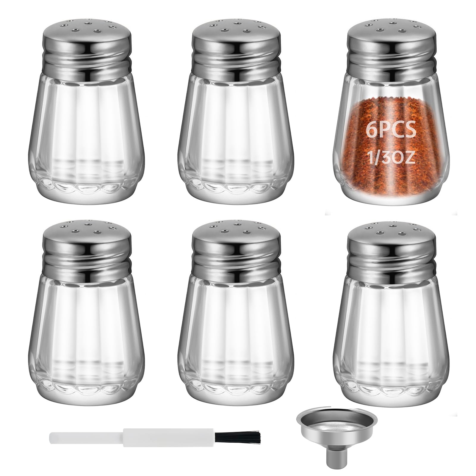 0.3 OZ Mini Salt and Pepper Shakers 6 Pcs - Small Mini Salt Shaker Clear Seasoning Shakers Tiny Glass Spice Containers, Portable Small Seasonging Jars for kitchen, Picnic (Silver)