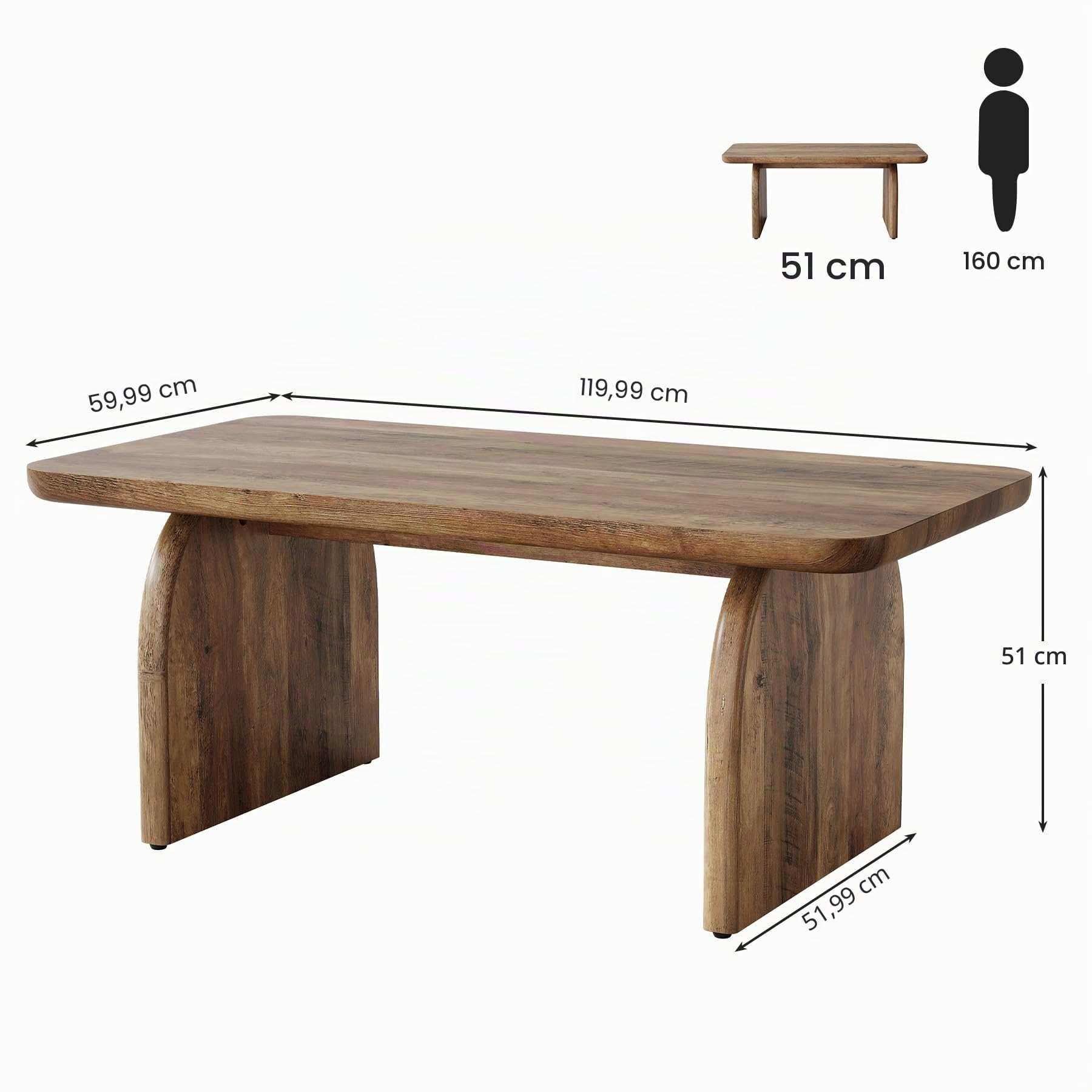 Tribesigns Mesa de centro rectangular, 120 cm Gran mesa de centro de granja de madera, mesa de cóctel con base estable y esquinas redondeadas, mesa central, mesa de té, montaje sencillo, marrón