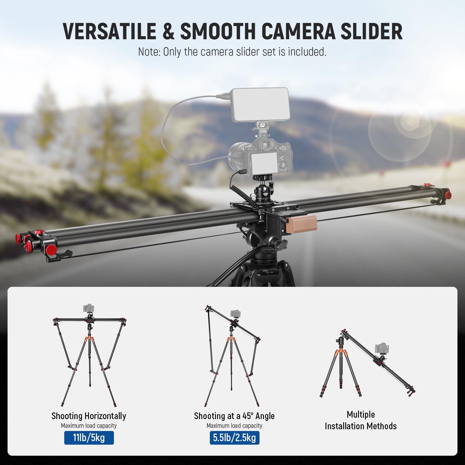 NEEWER 120cm motorisierter Kamera Slider, Drahtlose App Steuerung, Kohlefaser DSLR Dolly Slider mit 4400mAh F750 Akku (Ladegerät Nicht inklusive), unterstützt Video Modus, Zeitraffer Fotografie, ER1