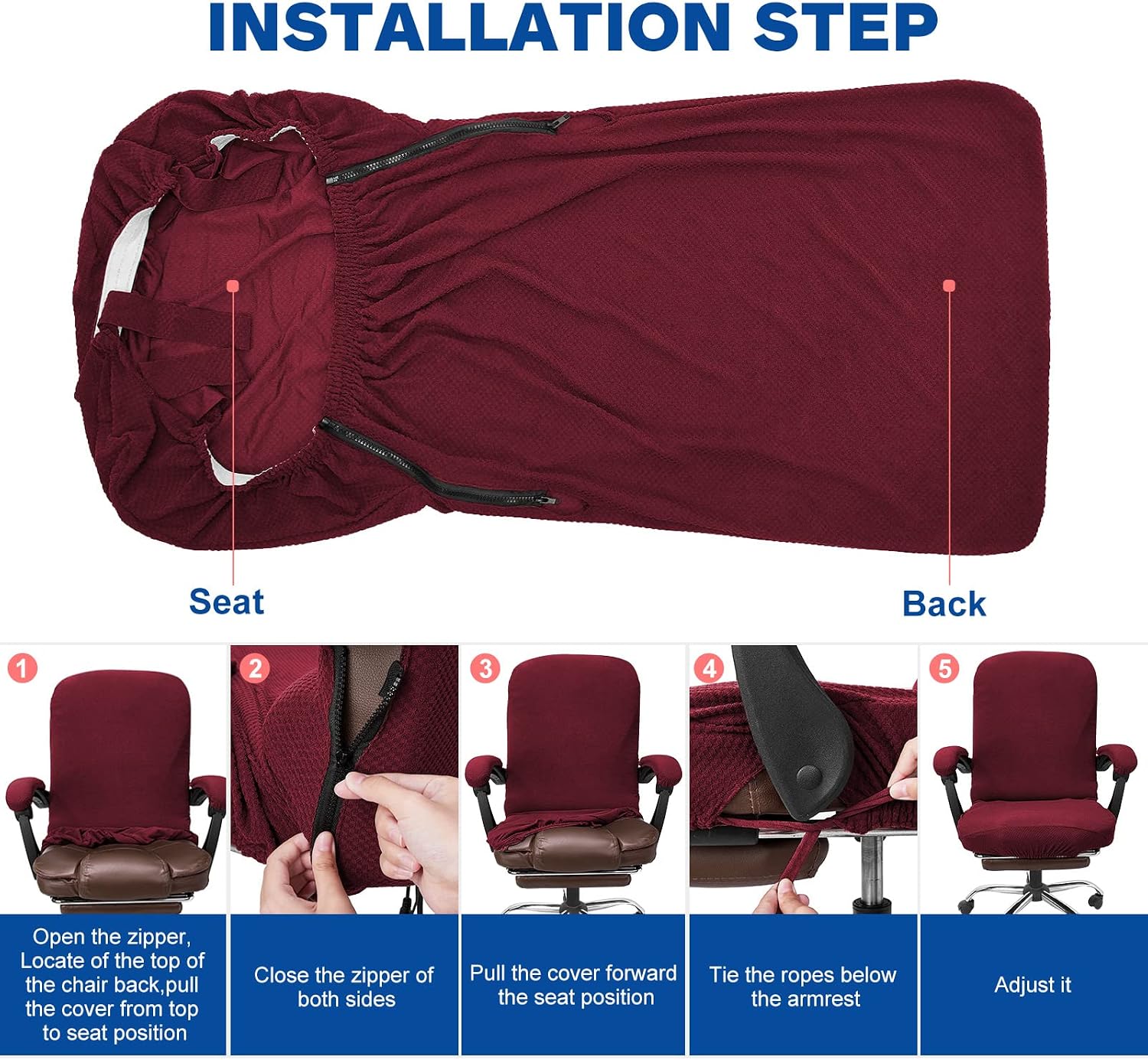 NeColorLife Office Chair Cover,Computer Seat Cover with Armrest Covers, Stretchable Jacquard Desk Chair Slipcover for High-Back Rotating (Large Size,Wine Red)
