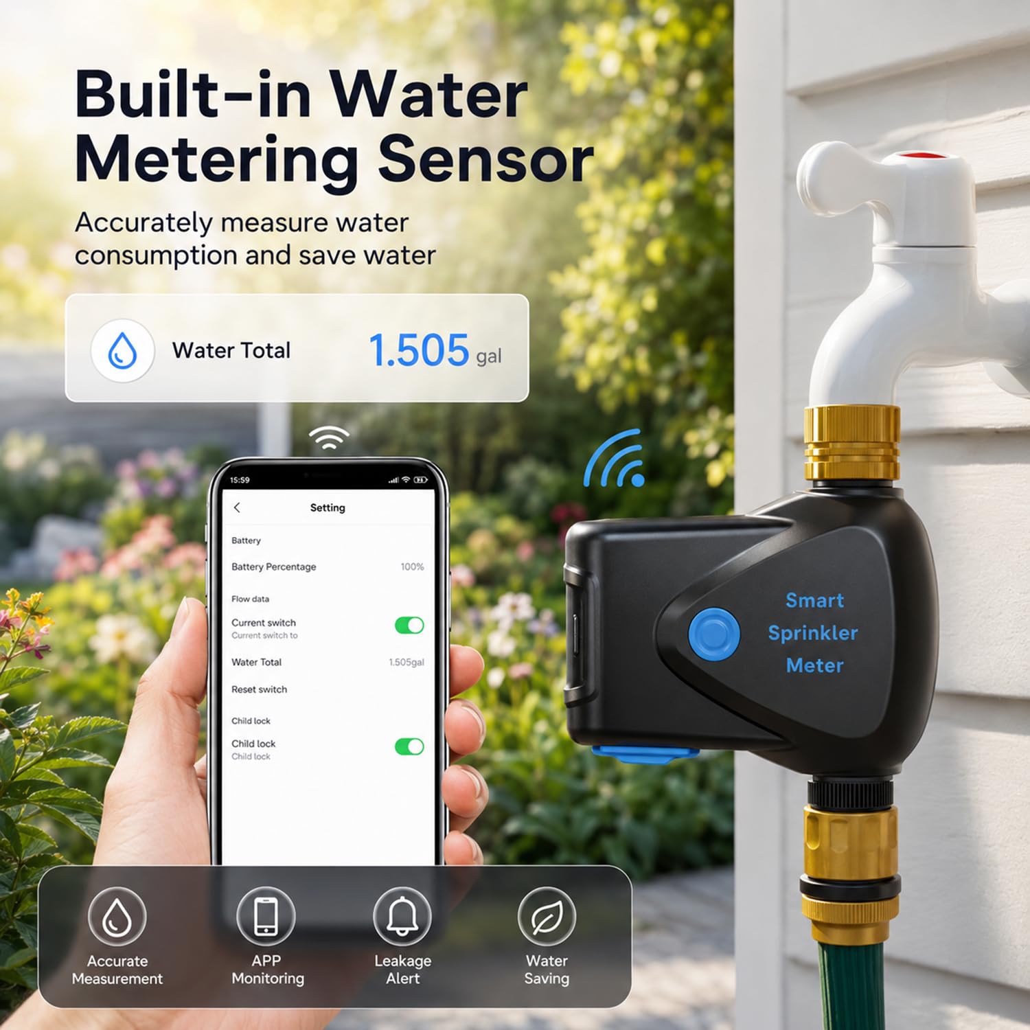 WiFi Bewässerungstimer mit Wasserzähler, Smarter Sprinkler-Timer für Garten und Rasen, App- und Alexa-Steuerung, Regenverzögerung, IP65 Wasserdicht, 3/4 Zoll Messinganschluss