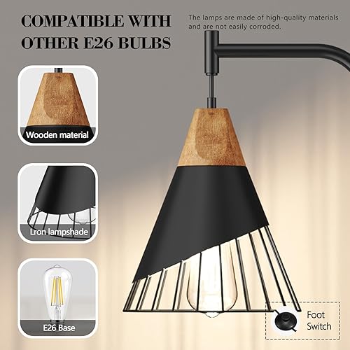 Miniatura 3 de Lámpara de pie industrial de 67" con pantalla de madera y metal negro, lámpara de pie moderna, lámpara alta rústica de estilo granja para sala