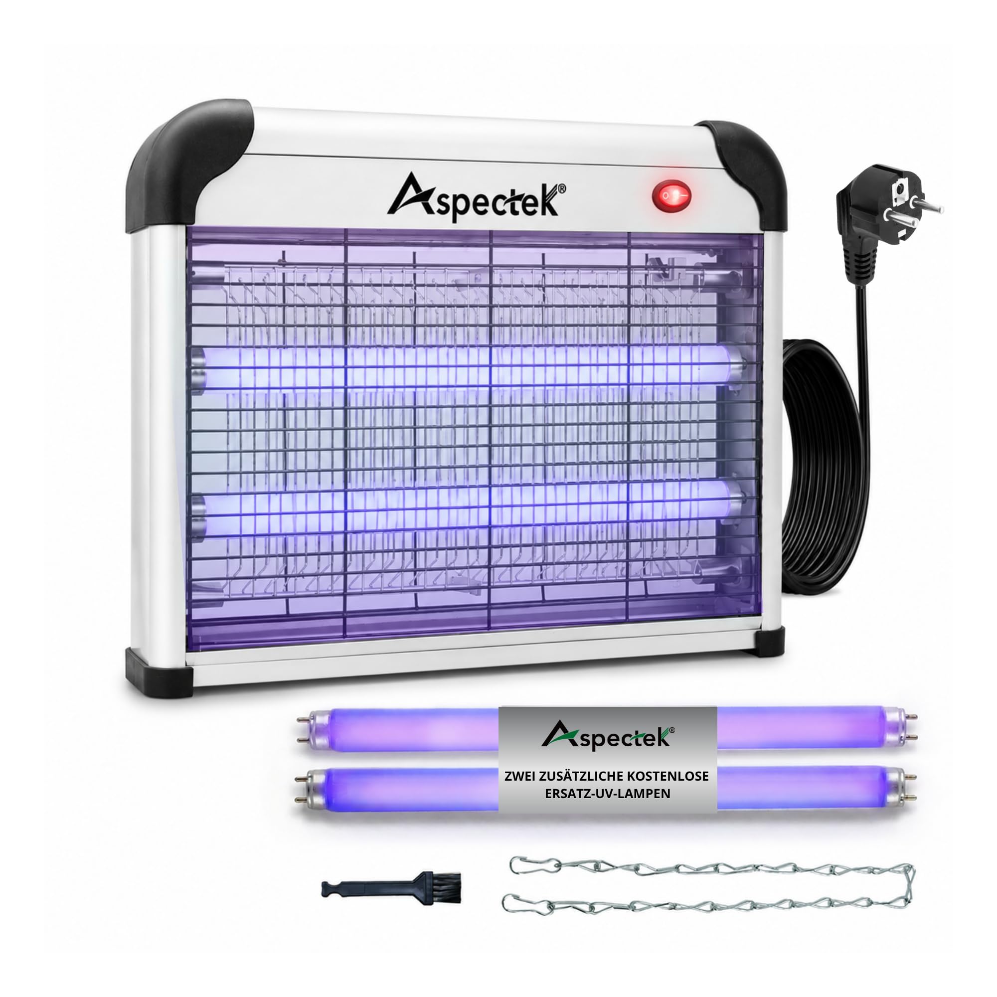 ASPECTEK Elektrischer Insektenvernichter 20W 2800V – UV Mückenfalle & Fliegenfalle für Innen, Insektenlampe gegen Mücken, Fliegen, Gnitzen, Inklusive 2 Ersatz-UV-Röhren