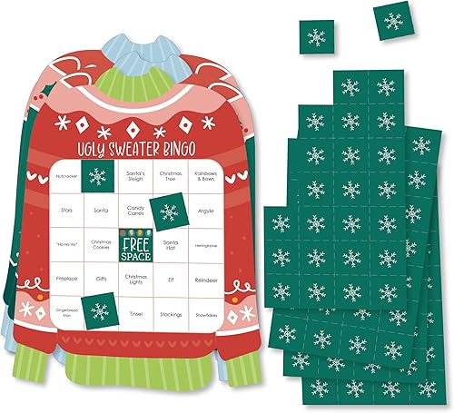 Big Dot of Happiness Suéteres coloridos de Navidad, tarjetas de bingo y marcadores, juego de bingo con forma de suéter feo en forma de fiesta