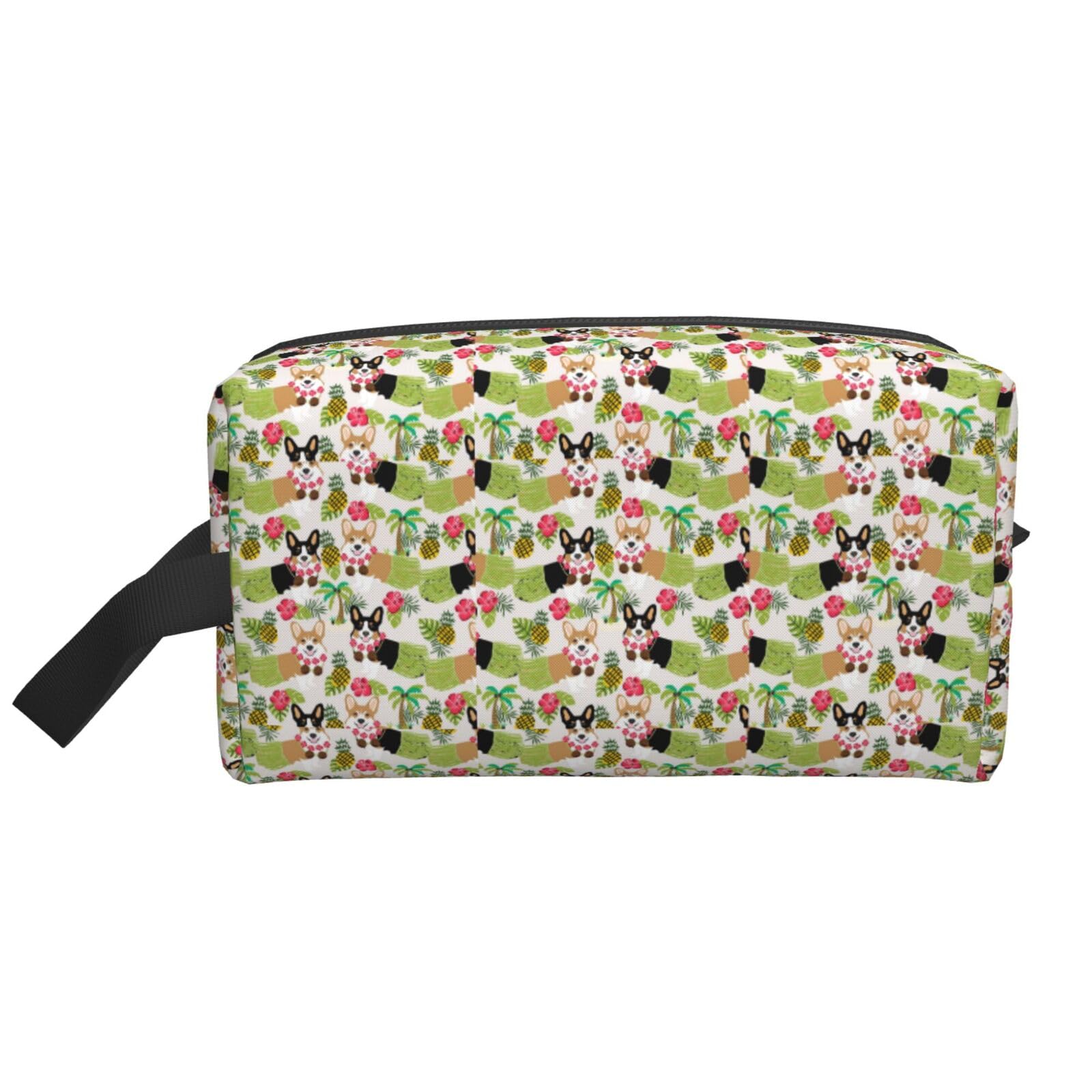 Ercgad Unisex White Corgi Hawaiian Tropical Summer Pineapple Print Large Capacity Travel Toiletry Bag Cosmetic Pouch Daily Storage Makeup Case