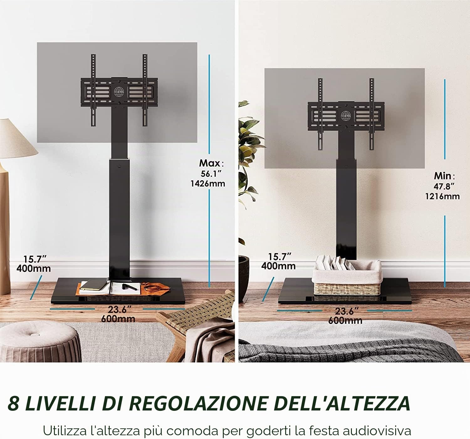 FITUEYES Supporto TV da Pavimento per 27-65 Pollici, Porta TV da Terra con Ferro Base, Girevole e Altezza Regolabile Max VESA 400x400mm Portata 40kg