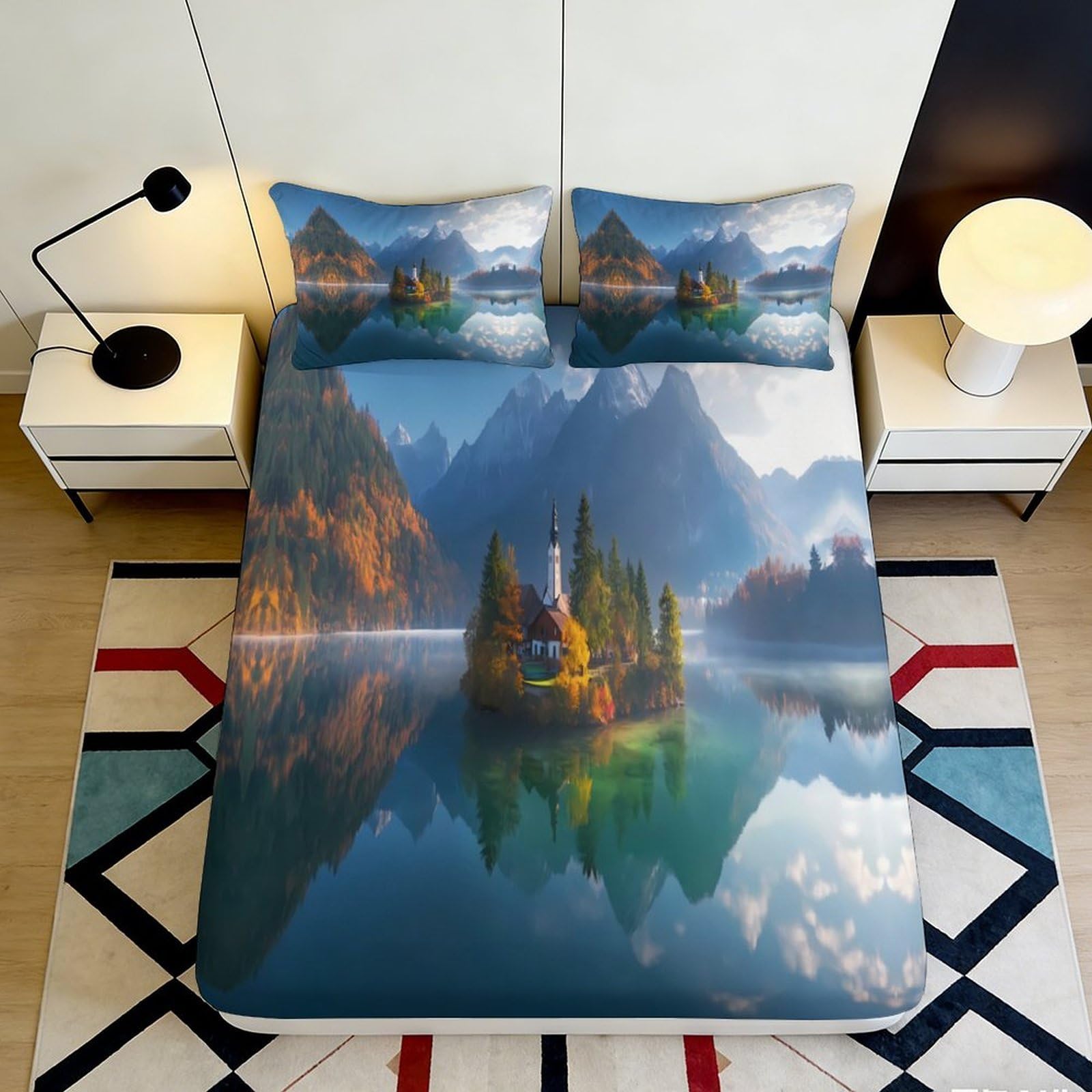 3D Printed Mountain Lake Fitted Sheet Microfiber Breathable Forest Island Mattress Cover for Bedroom Dorm Decor 90x200x25cm