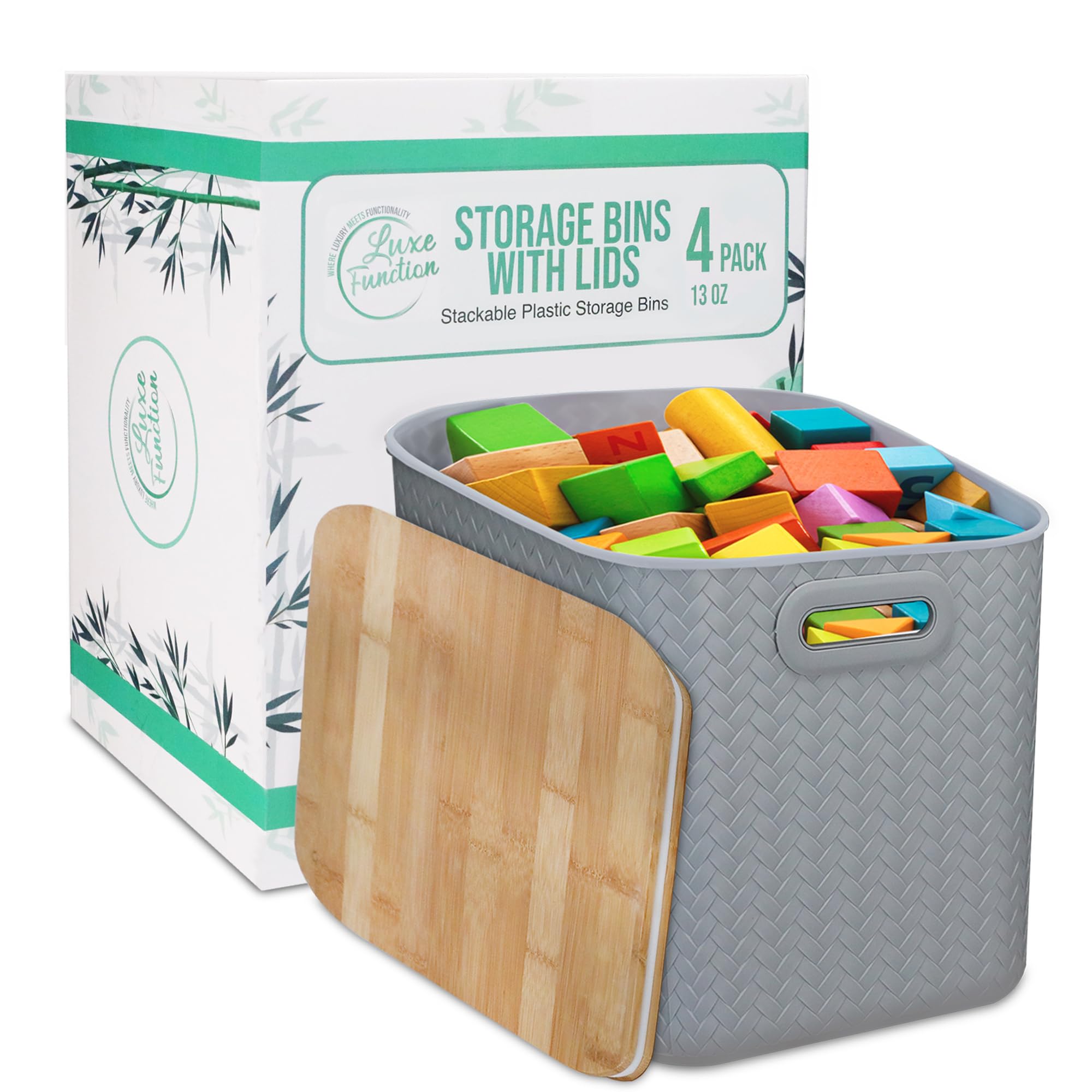 Luxe Function Storage Bins with Bamboo Lid – Stackable, Multi-Purpose Organizers for Pantry, Closet, Kitchen, and Home – Elegant Wicker-Style Design with Ergonomic Handles (Grey)