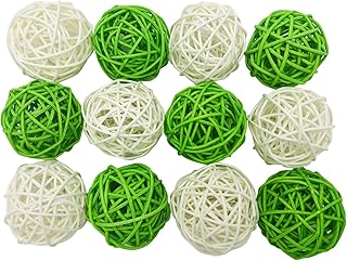 12 Pieces Wicker Rattan Balls Decorative Orbs Vase Fillers for Craft, Party, Wedding Table Decoration, Baby Shower, Aromatherapy Accessories, 2 Inch (White Lime Green)