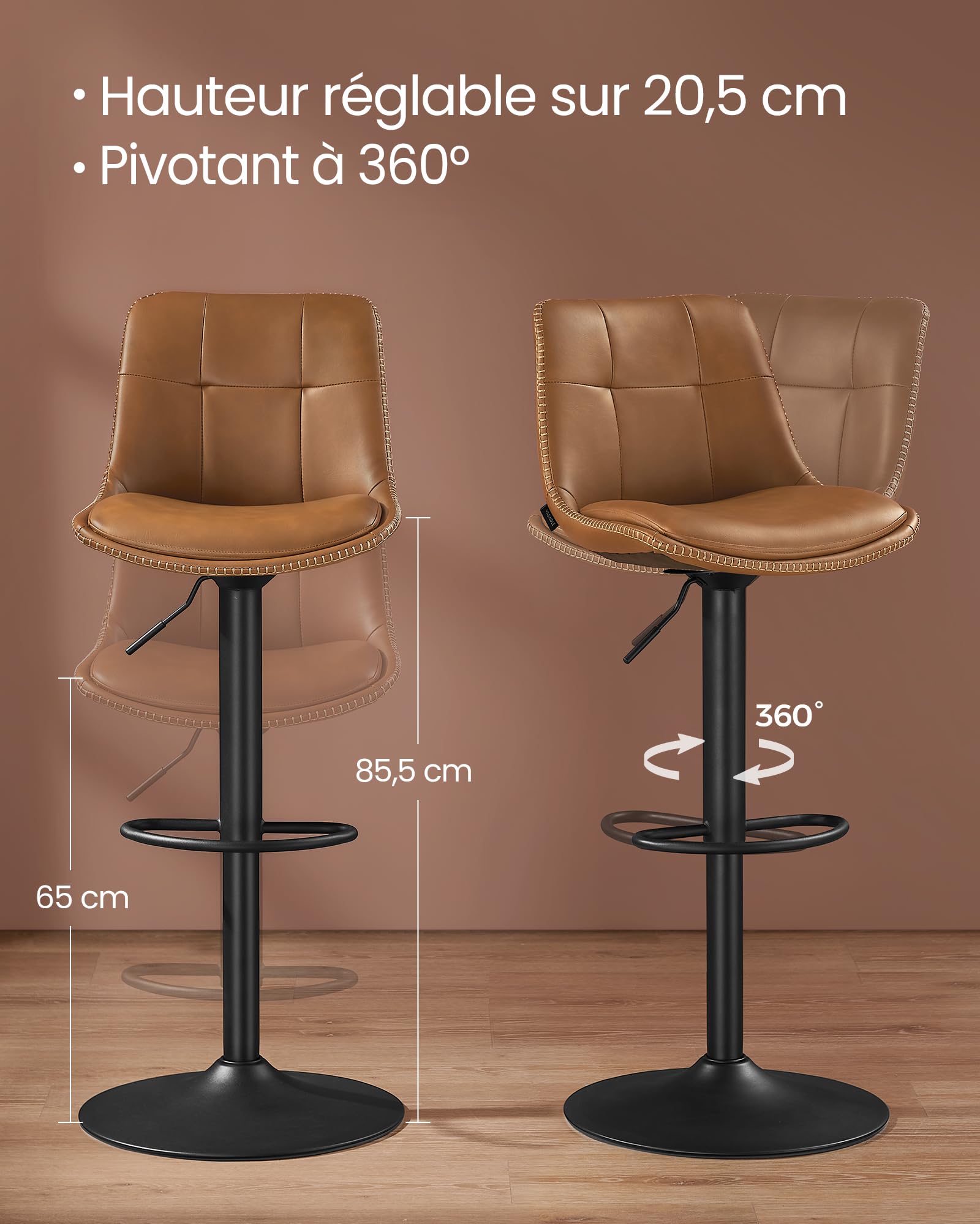 VASAGLE Tabourets de Bar, Lot de 2, Chaise de Cuisine, Siège Pivotant à Hauteur Réglable, Matelassé, en PU, avec Dossier et Repose-Pieds, Salle à Manger, Comptoir, Acier, Marron Caramel LJB095K01
