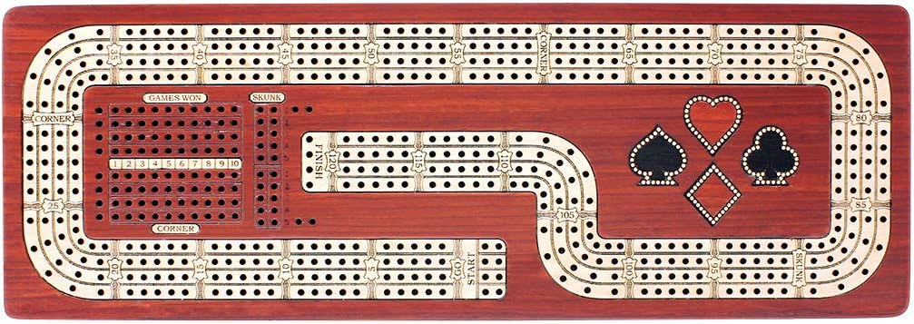 House of Cribbage - Continuous Cribbage Board/Box Inlaid in Blood Wood/Maple : 4 Track - Cards & Pegs Storage Drawer with Score Marking Fields for Skunks, Corners and Won Games