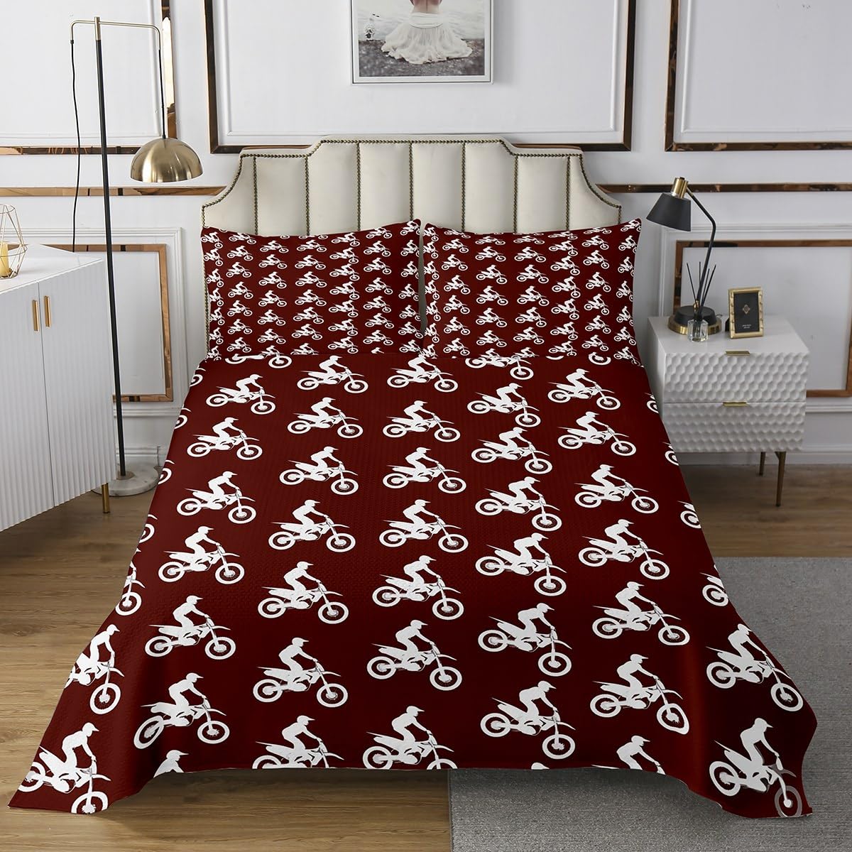 Manfei Motorbike Kids Bedspread Twin Size,Motorcycle Motocross Dirt Bike Coverlet Set,Boys Girls Room Decor,Extreme Sports Adventure Vehicles Quilted Coverlet,Red Bedding Quilt,1 Pillowcase