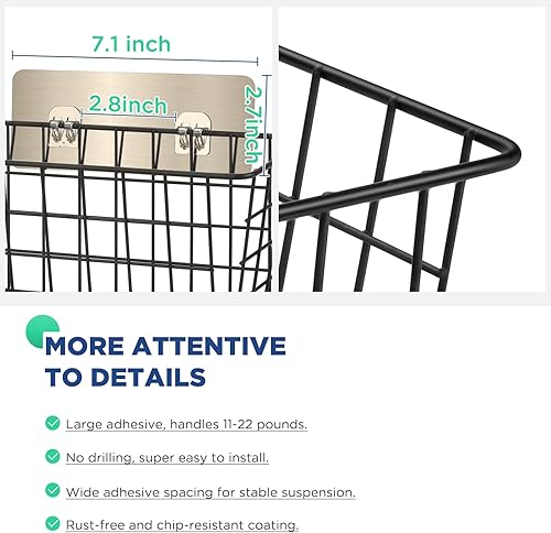 Miniatura 4 de Paquete de 2 cestas de almacenamiento de alambre para colgar en la pared, cesta adhesiva para organizador de puerta de armario, sin taladrar, cestas