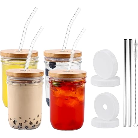 Mason Jar Cups with Lids and Straws for Smoothies